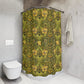 A shower curtain with a gold and green floral pattern inspired by the Victorian era and the art of William Morris.