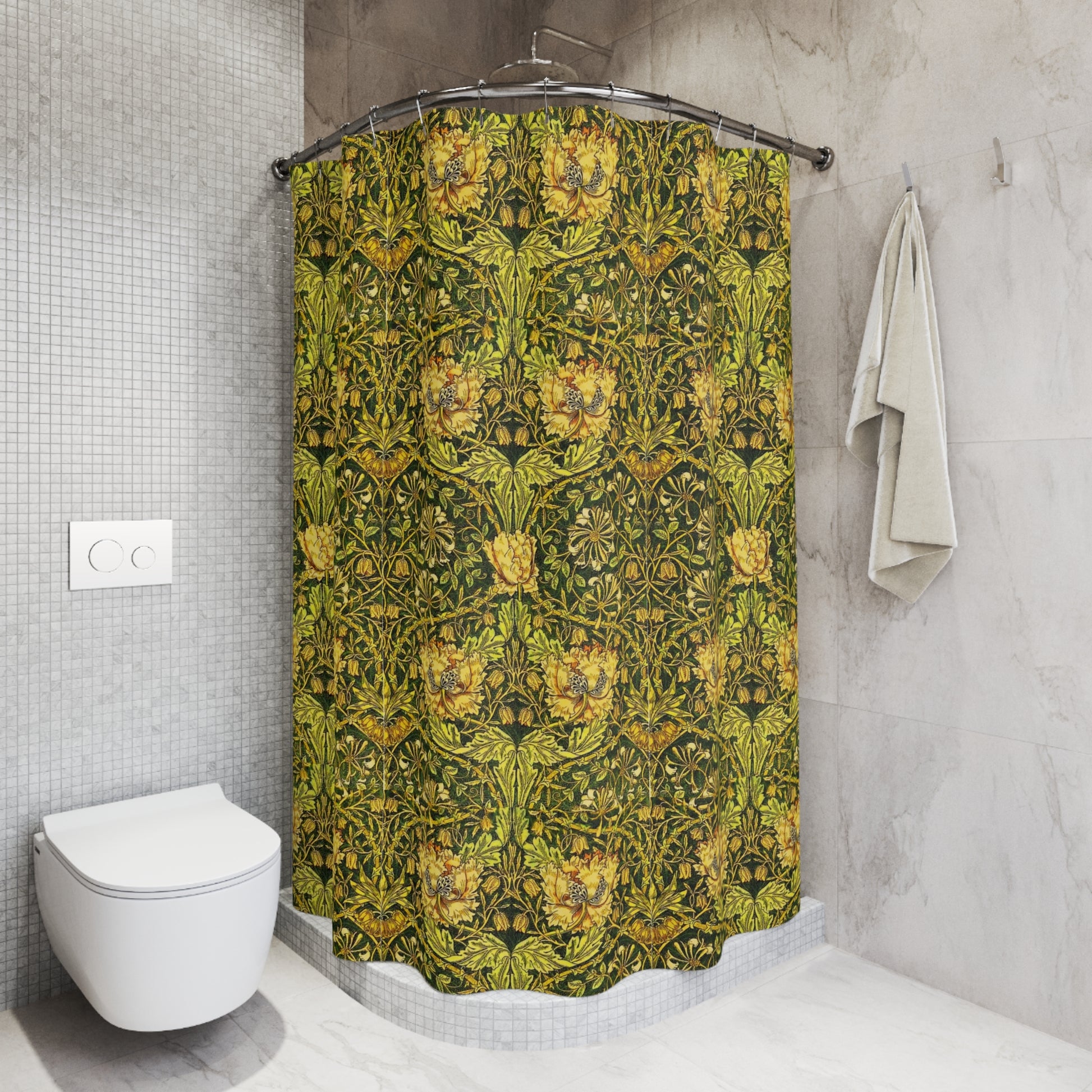 A shower curtain with a gold and green floral pattern inspired by the Victorian era and the art of William Morris.