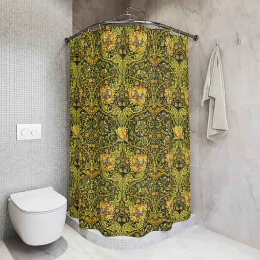A shower curtain with a gold and green floral pattern inspired by the Victorian era and the art of William Morris.