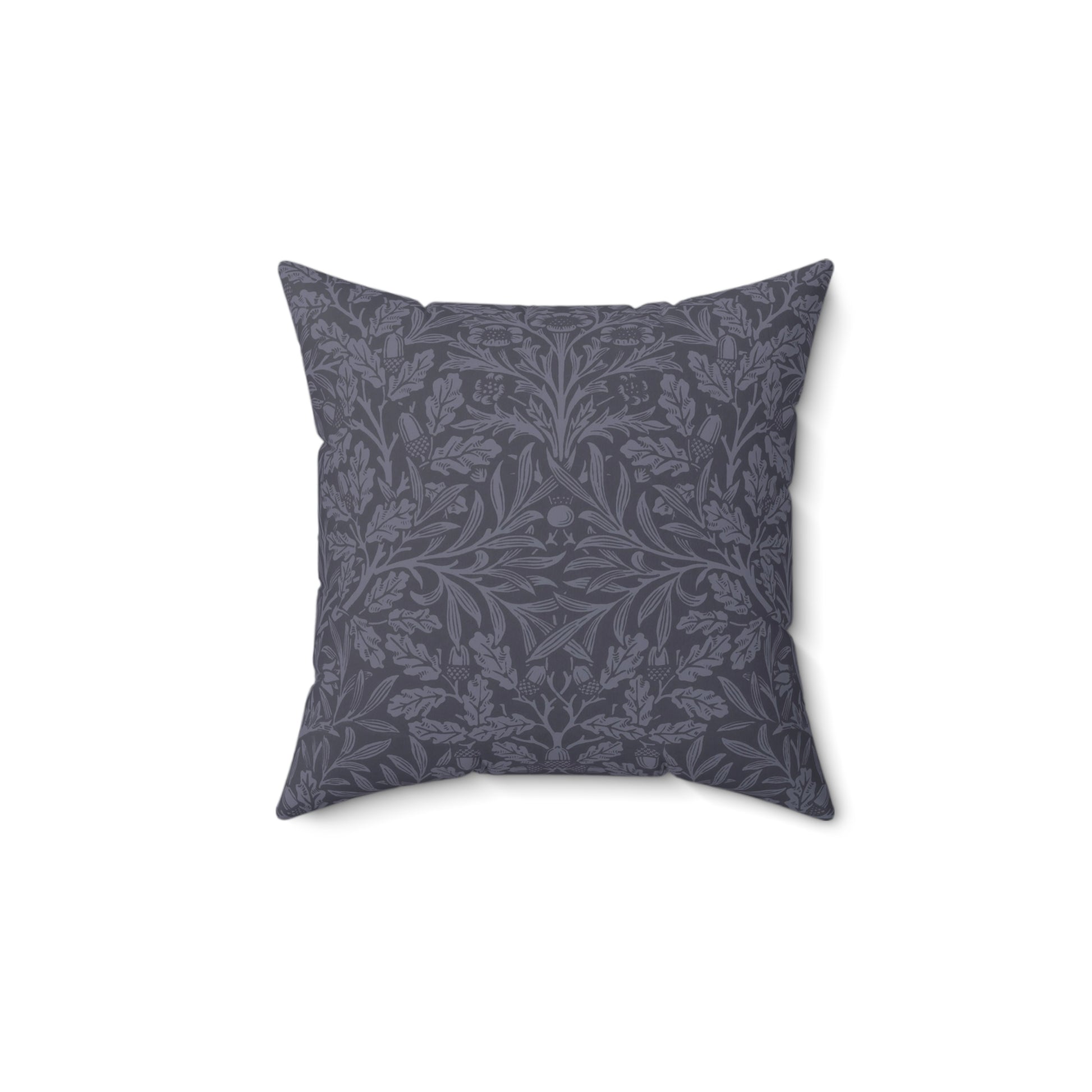 A square-shaped throw pillow with aWilliam Morris & Co floral pattern in shades of blue, featuring acorns and oak leaves.