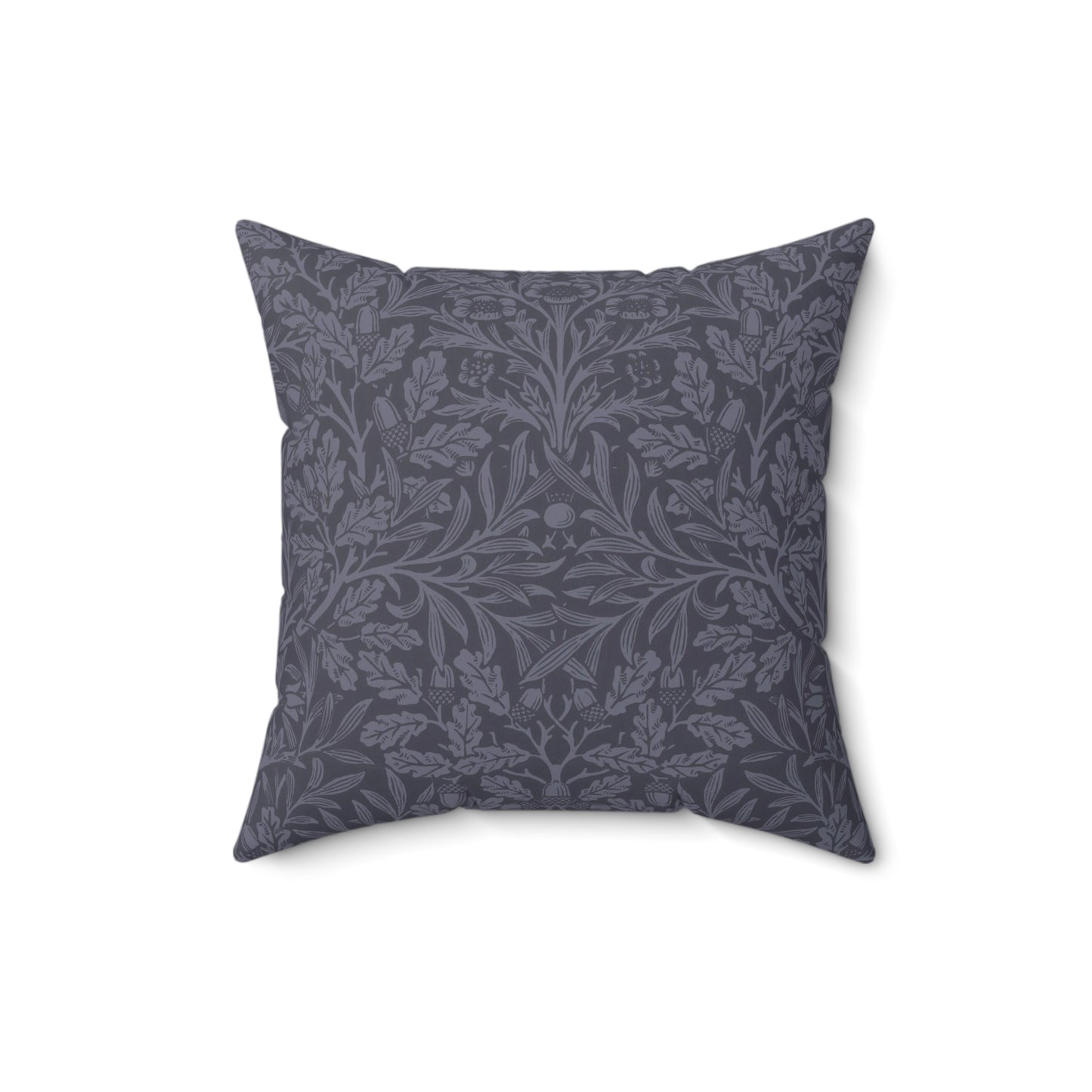 A square-shaped throw pillow with aWilliam Morris & Co floral pattern in shades of blue, featuring acorns and oak leaves.