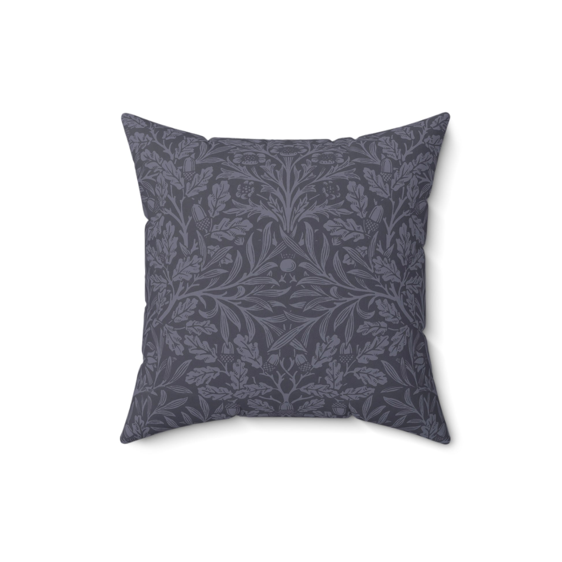 A square-shaped throw pillow with aWilliam Morris & Co floral pattern in shades of blue, featuring acorns and oak leaves.