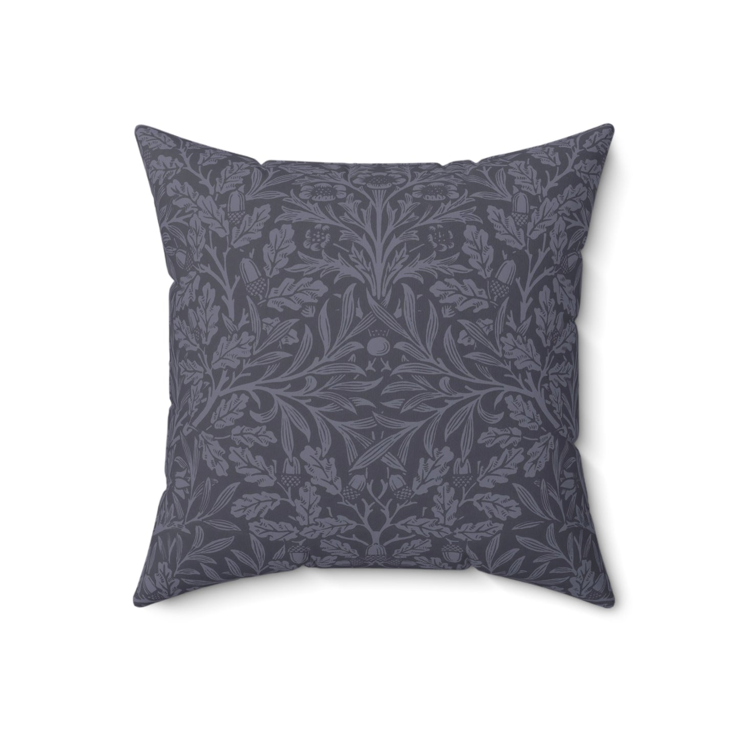 A square-shaped throw pillow with aWilliam Morris & Co floral pattern in shades of blue, featuring acorns and oak leaves.