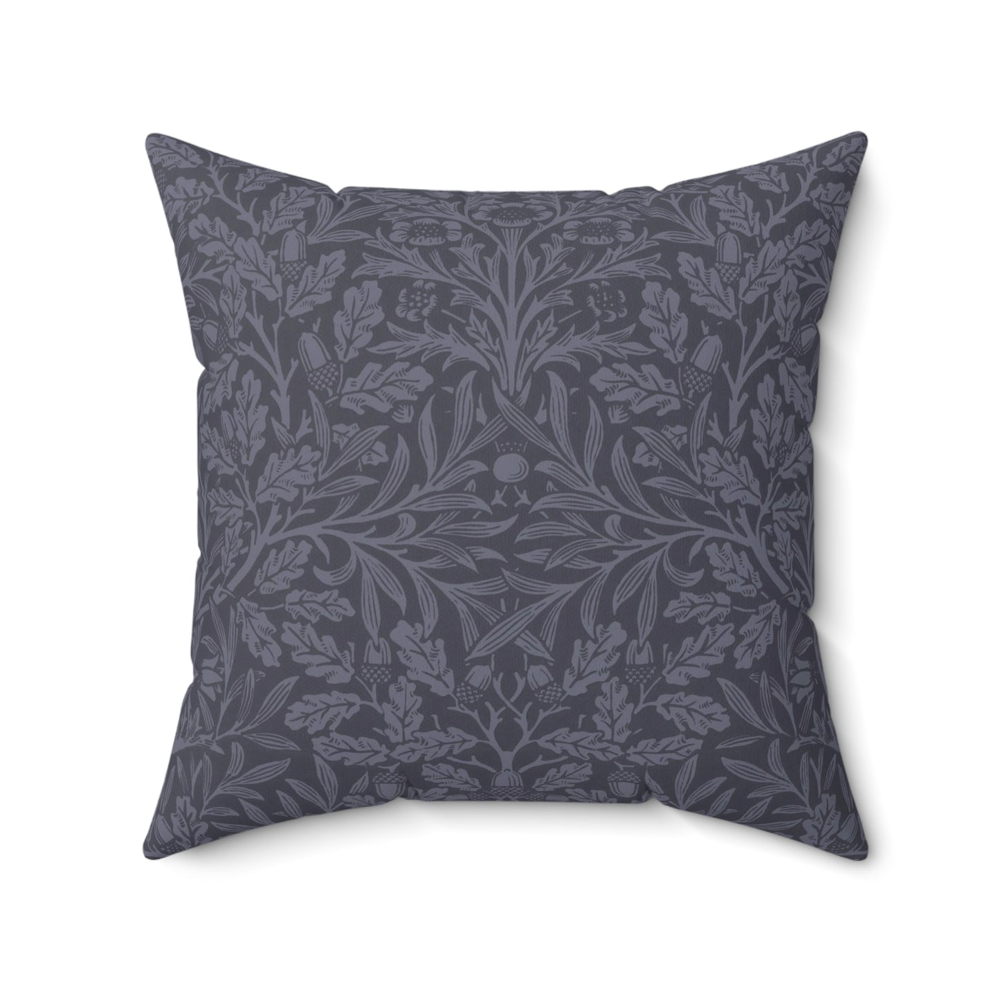A square-shaped throw pillow with aWilliam Morris & Co floral pattern in shades of blue, featuring acorns and oak leaves.