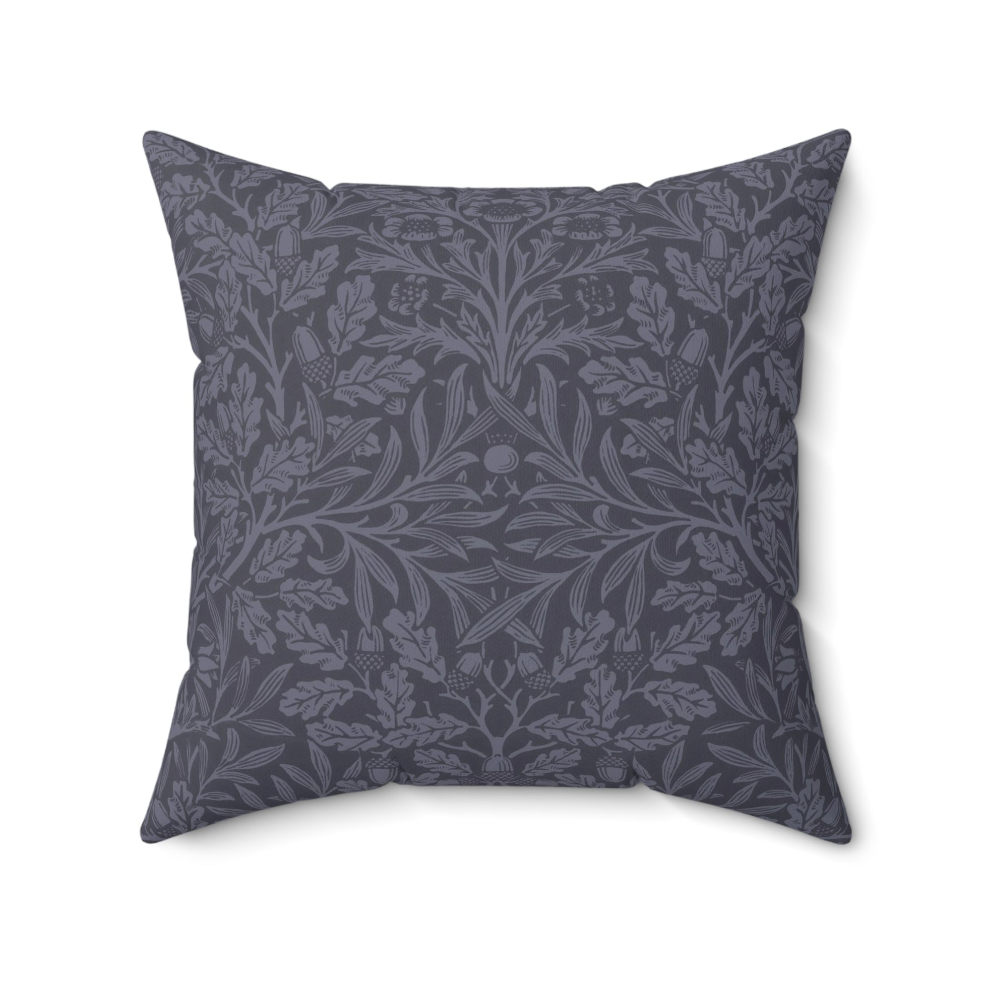 A square-shaped throw pillow with aWilliam Morris & Co floral pattern in shades of blue, featuring acorns and oak leaves.