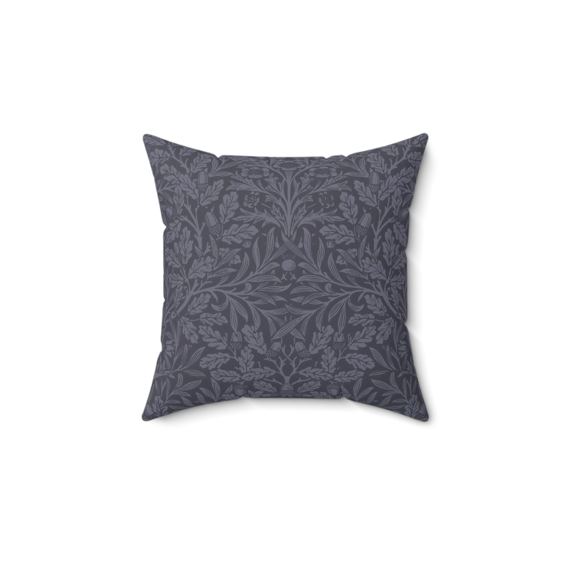 A square-shaped throw pillow with aWilliam Morris & Co floral pattern in shades of blue, featuring acorns and oak leaves.