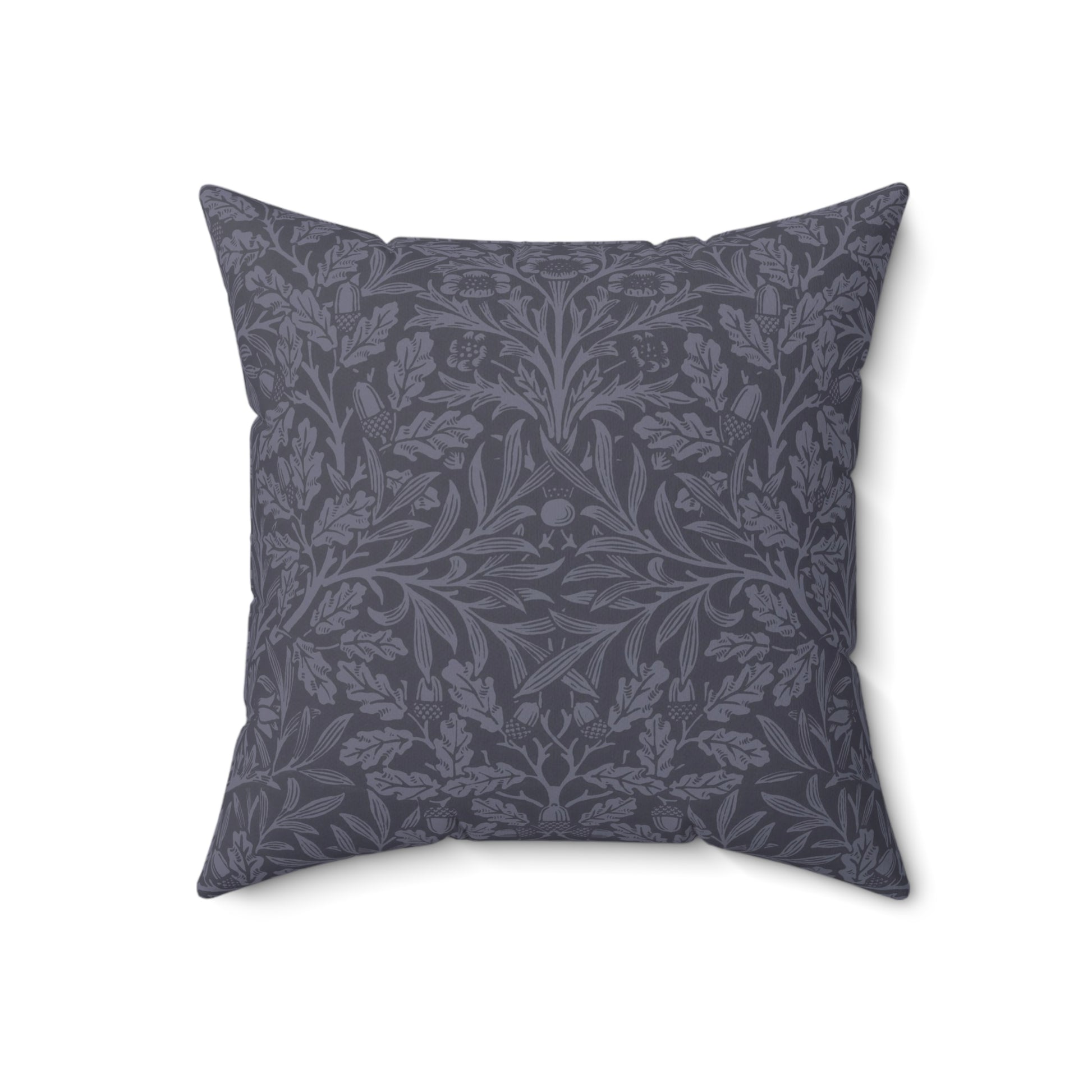 A square-shaped throw pillow with aWilliam Morris & Co floral pattern in shades of blue, featuring acorns and oak leaves.