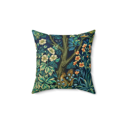 A square-shaped faux suede cushion with an all-over print featuring a nature-inspired design with pheasants and squirrels in a blue and green William Morris & Co floral background.