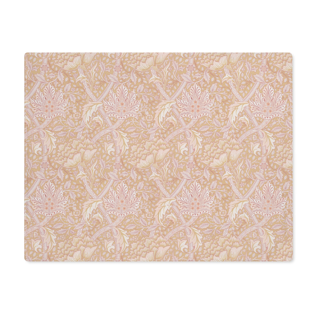 A rectangular cotton placemat with a floral pattern inspired by William Morris, primarily in pink tones.