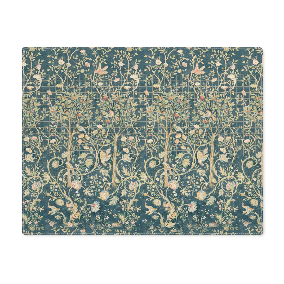 A rectangular placemat featuring a dense, vintage-style botanical and bird pattern in muted teal, beige, and soft pink tones, shown flat against a solid white background.