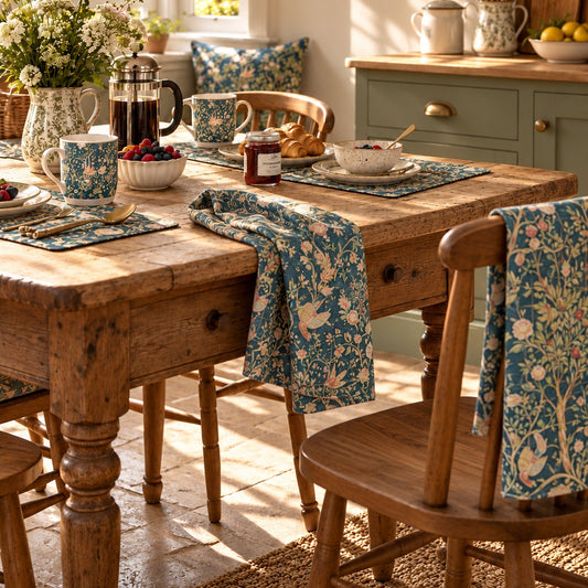 A rustic wooden dining table set in a sunlit kitchen, styled with matching blue floral tablecloths draped over the table and hanging from the chairs, along with ceramic mugs, a coffee pot, and breakfast dishes.
