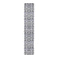 Long, narrow rug with a gray and white floral pattern on a white background