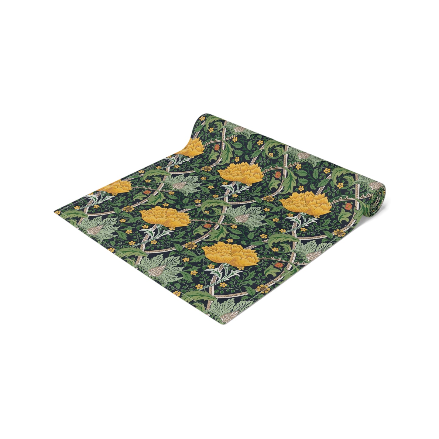 A yellow and green floral William Morris & Co patterned table runner with hemmed edges displayed on a dining table.
