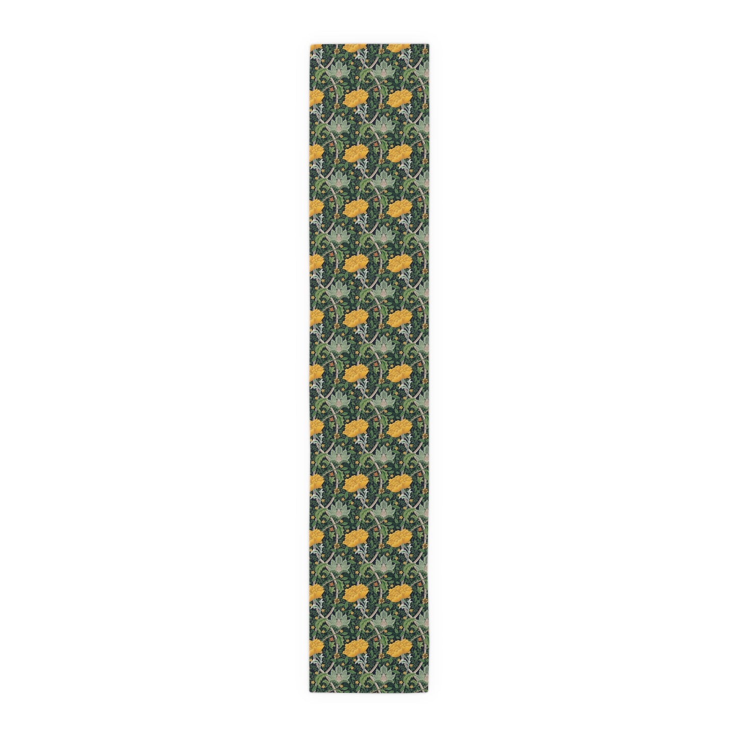 A yellow and green floral William Morris & Co patterned table runner with hemmed edges displayed on a dining table.