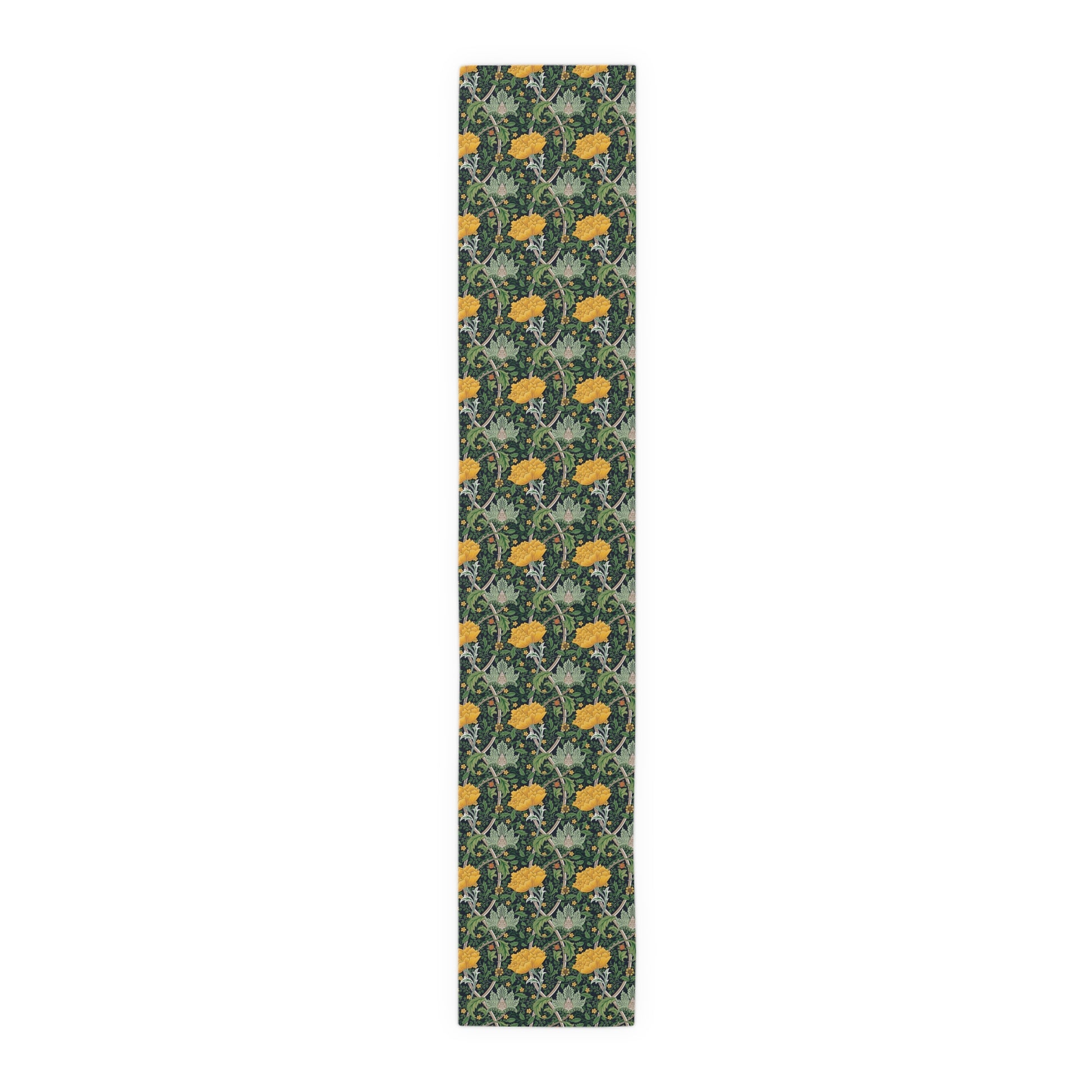 A yellow and green floral William Morris & Co patterned table runner with hemmed edges displayed on a dining table.