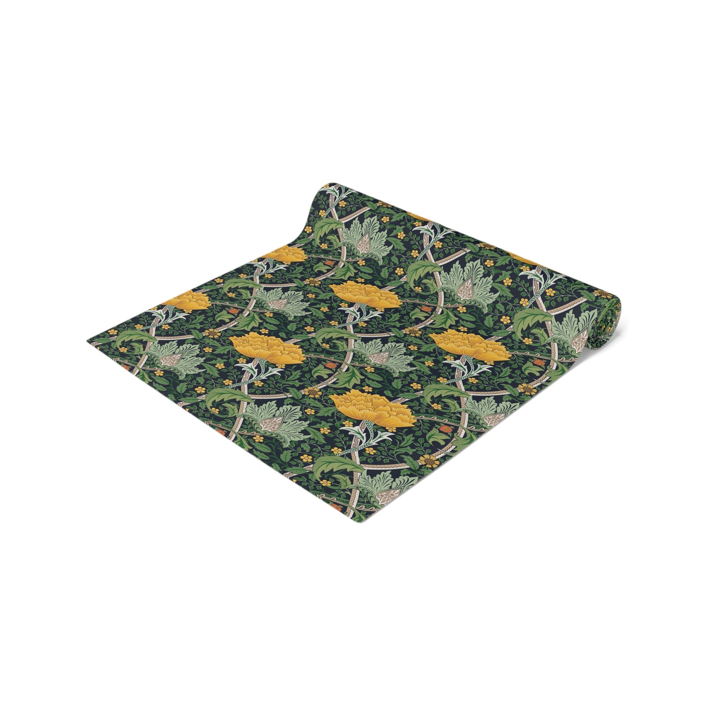 A yellow and green floral William Morris & Co patterned table runner with hemmed edges displayed on a dining table.