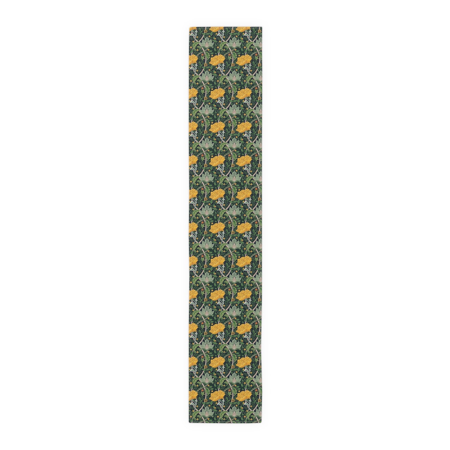 A yellow and green floral William Morris & Co patterned table runner with hemmed edges displayed on a dining table.