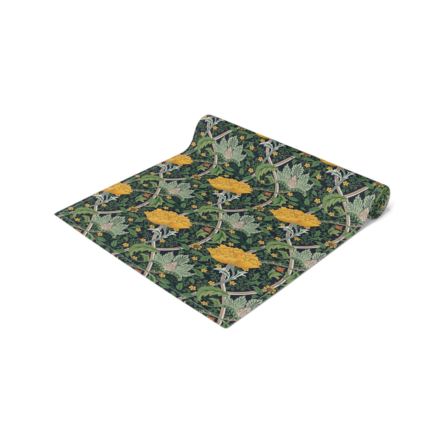 A yellow and green floral William Morris & Co patterned table runner with hemmed edges displayed on a dining table.