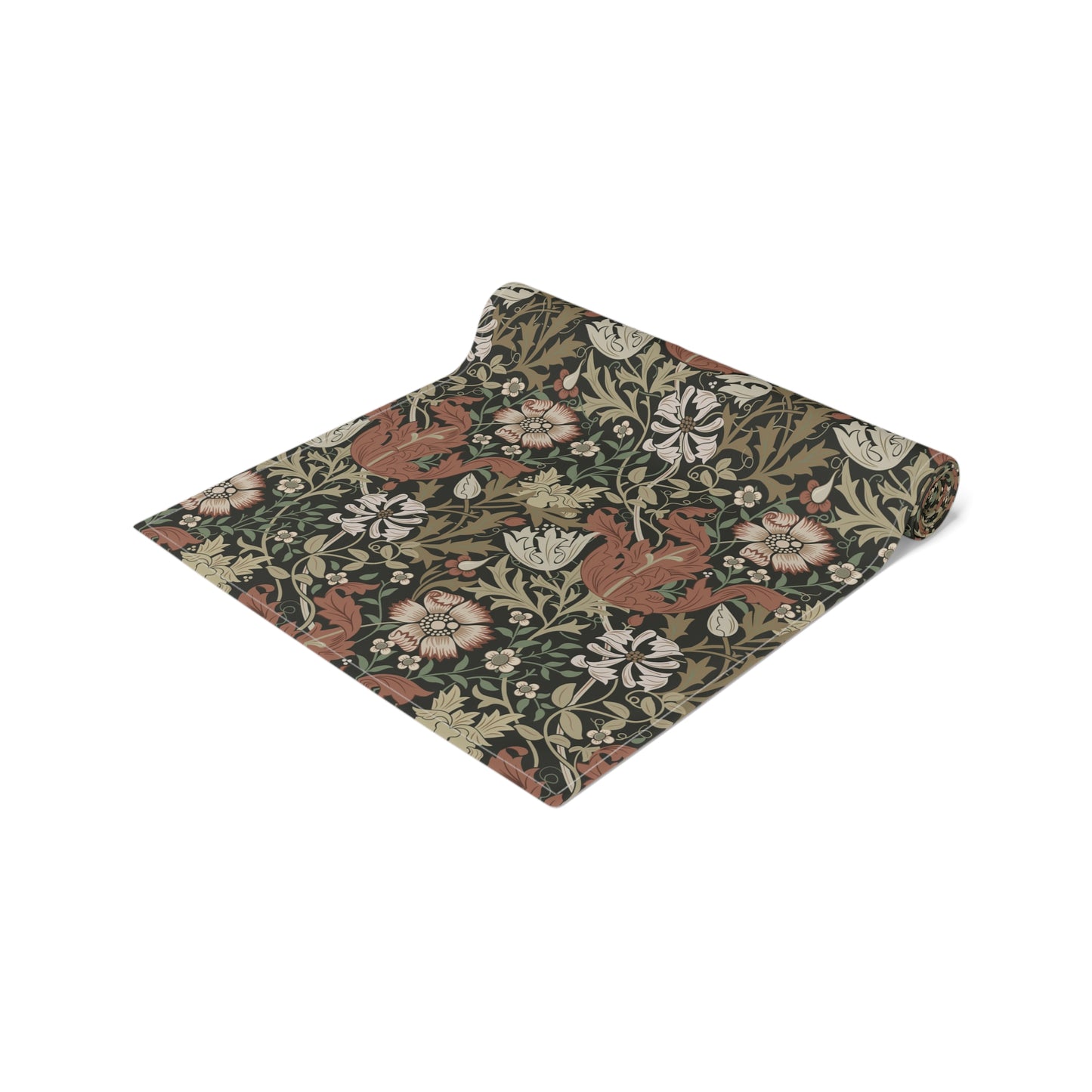 A floral patterned table runner inspired by William Morris, displayed on a dining table.