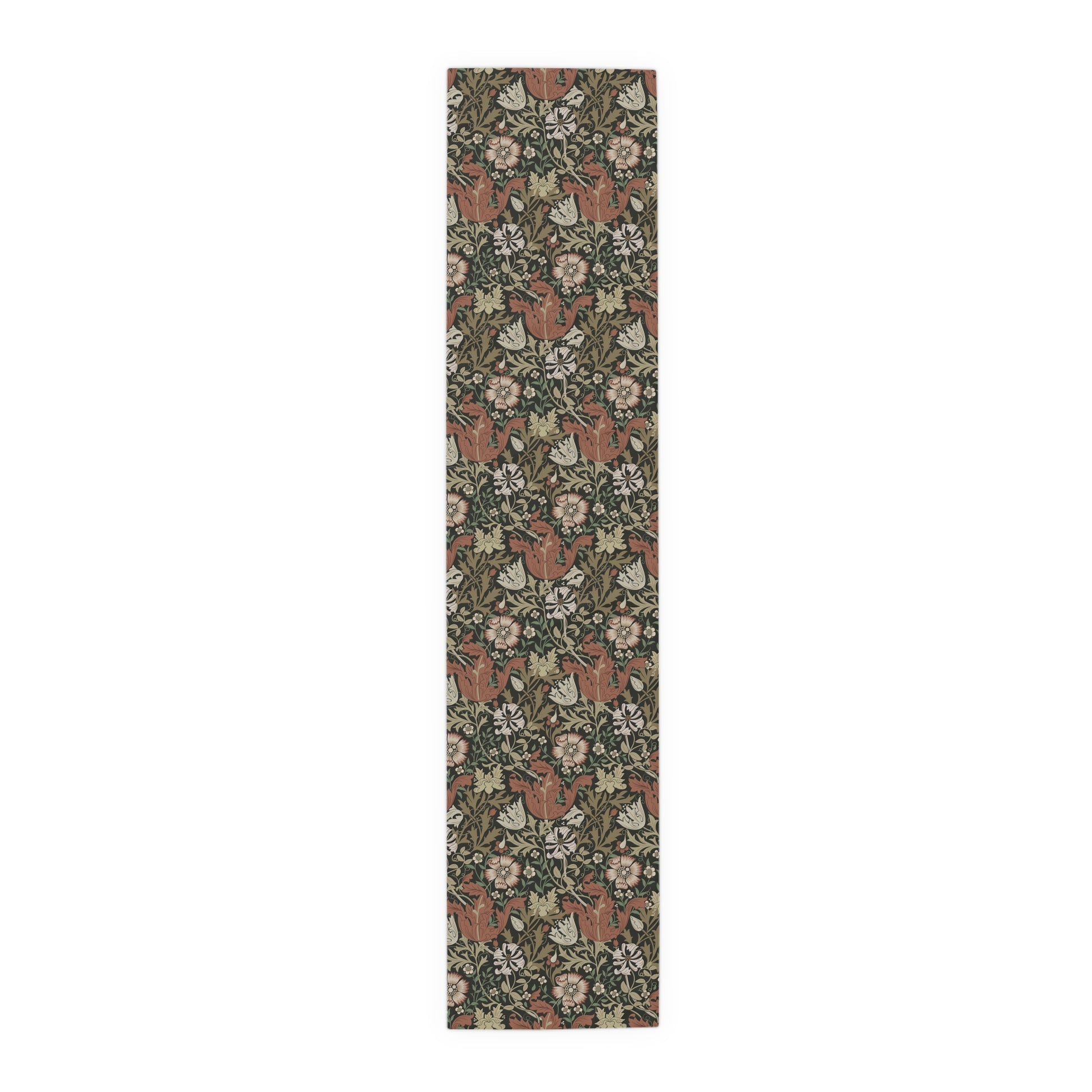 A floral patterned table runner inspired by William Morris, displayed on a dining table.