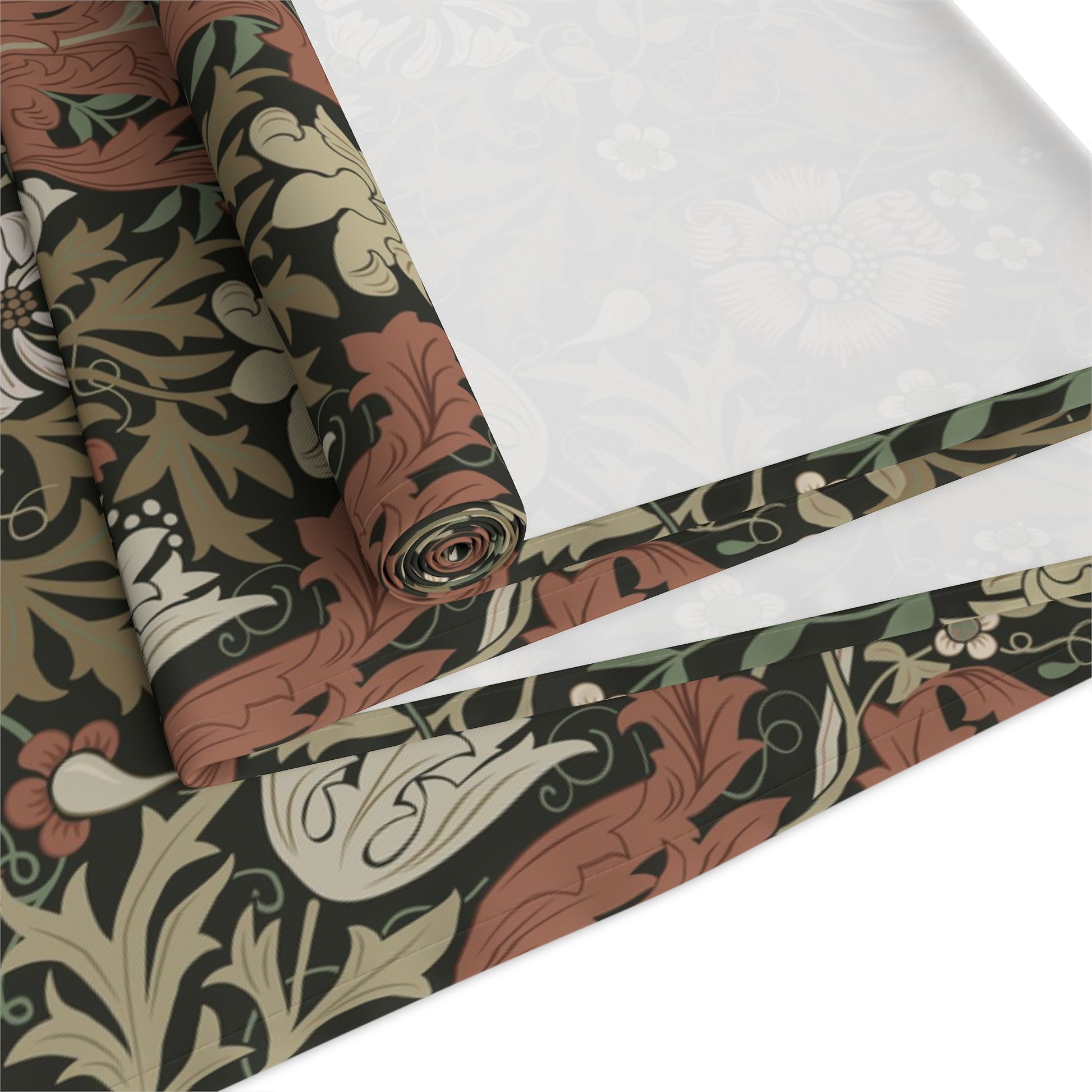 A floral patterned table runner inspired by William Morris, displayed on a dining table.