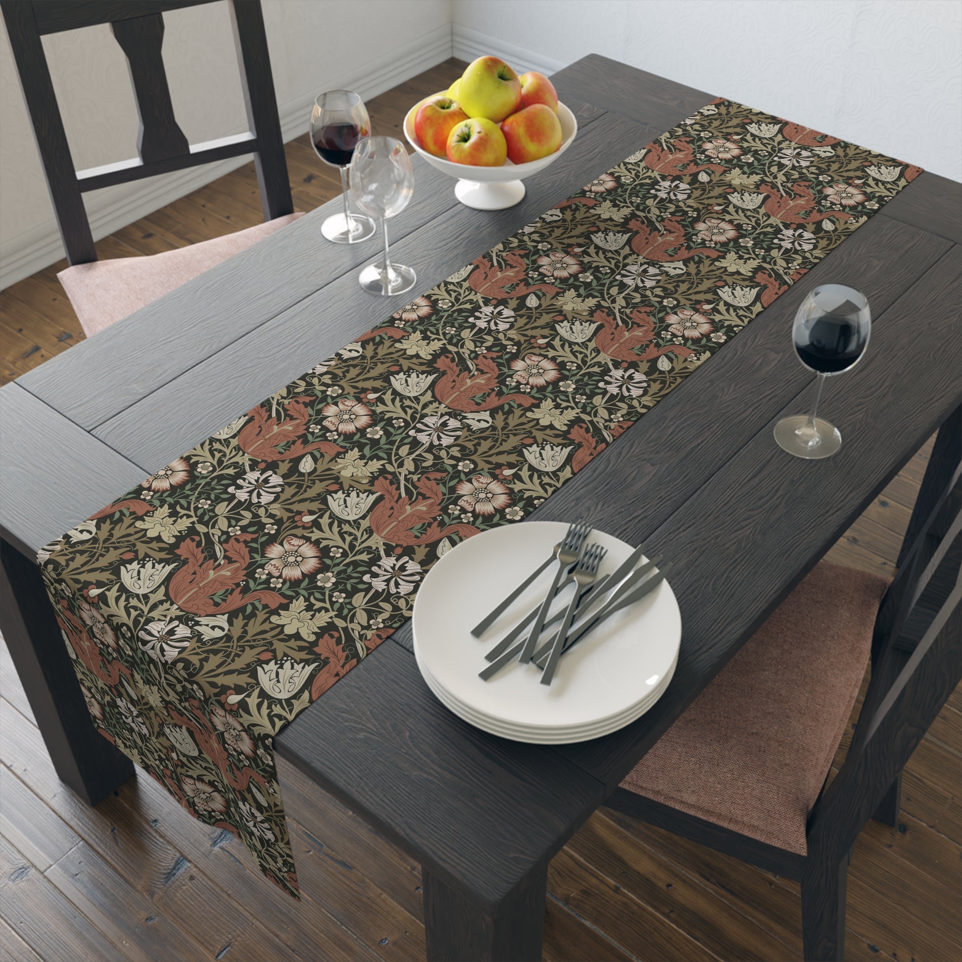 A floral patterned table runner inspired by William Morris, displayed on a dining table.