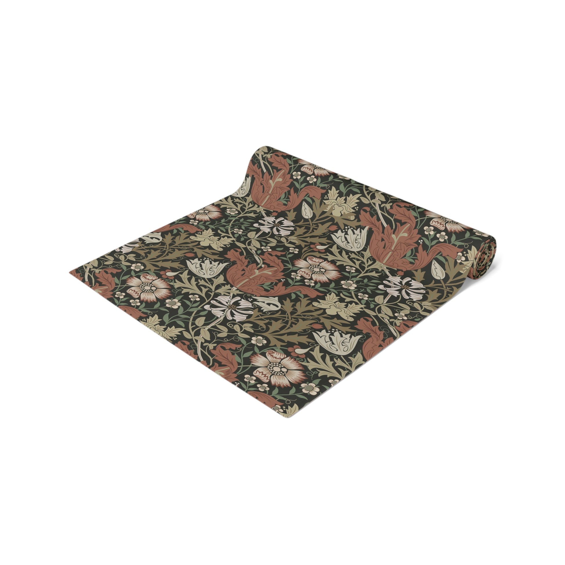 A floral patterned table runner inspired by William Morris, displayed on a dining table.
