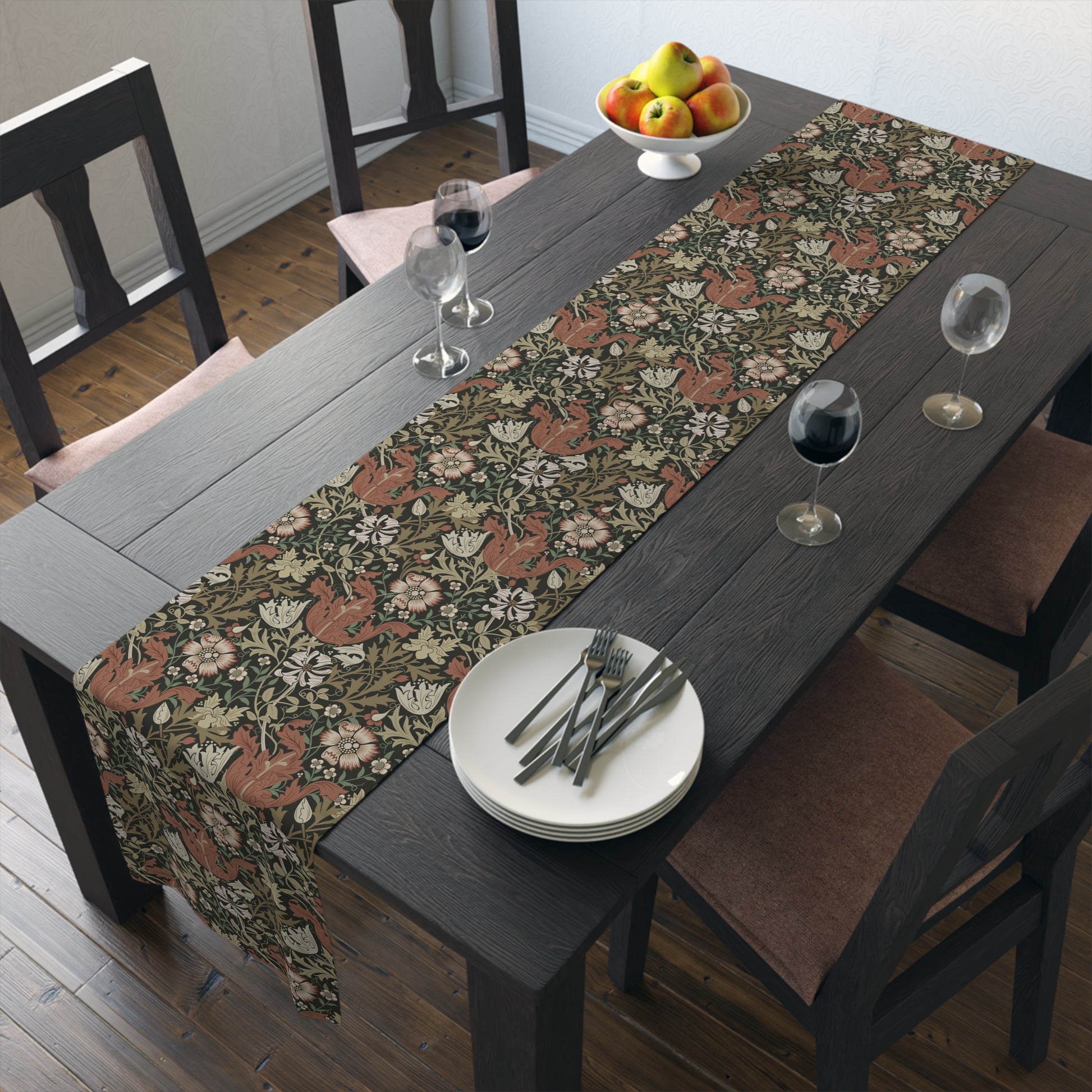 A floral patterned table runner inspired by William Morris, displayed on a dining table.