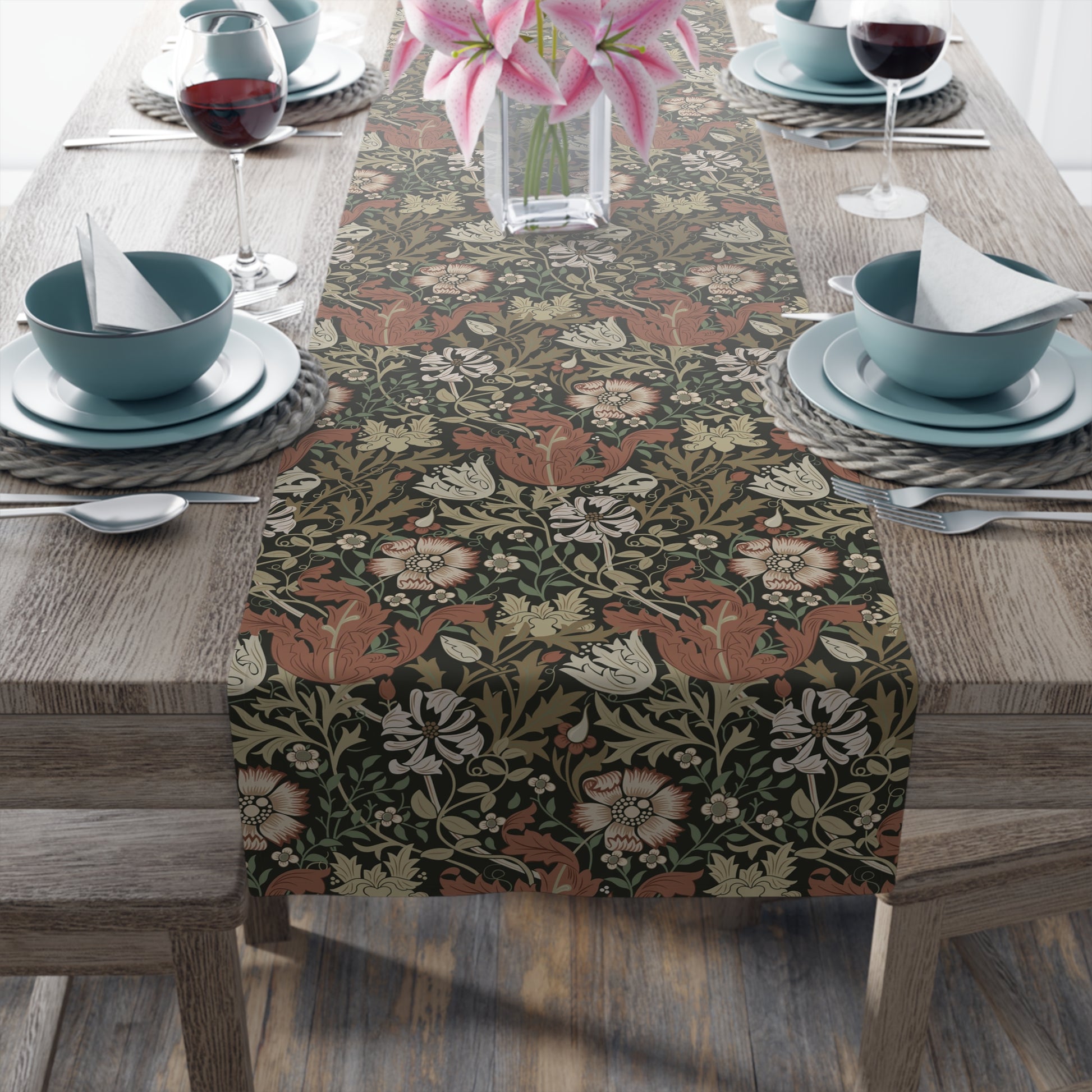 A floral patterned table runner inspired by William Morris, displayed on a dining table.