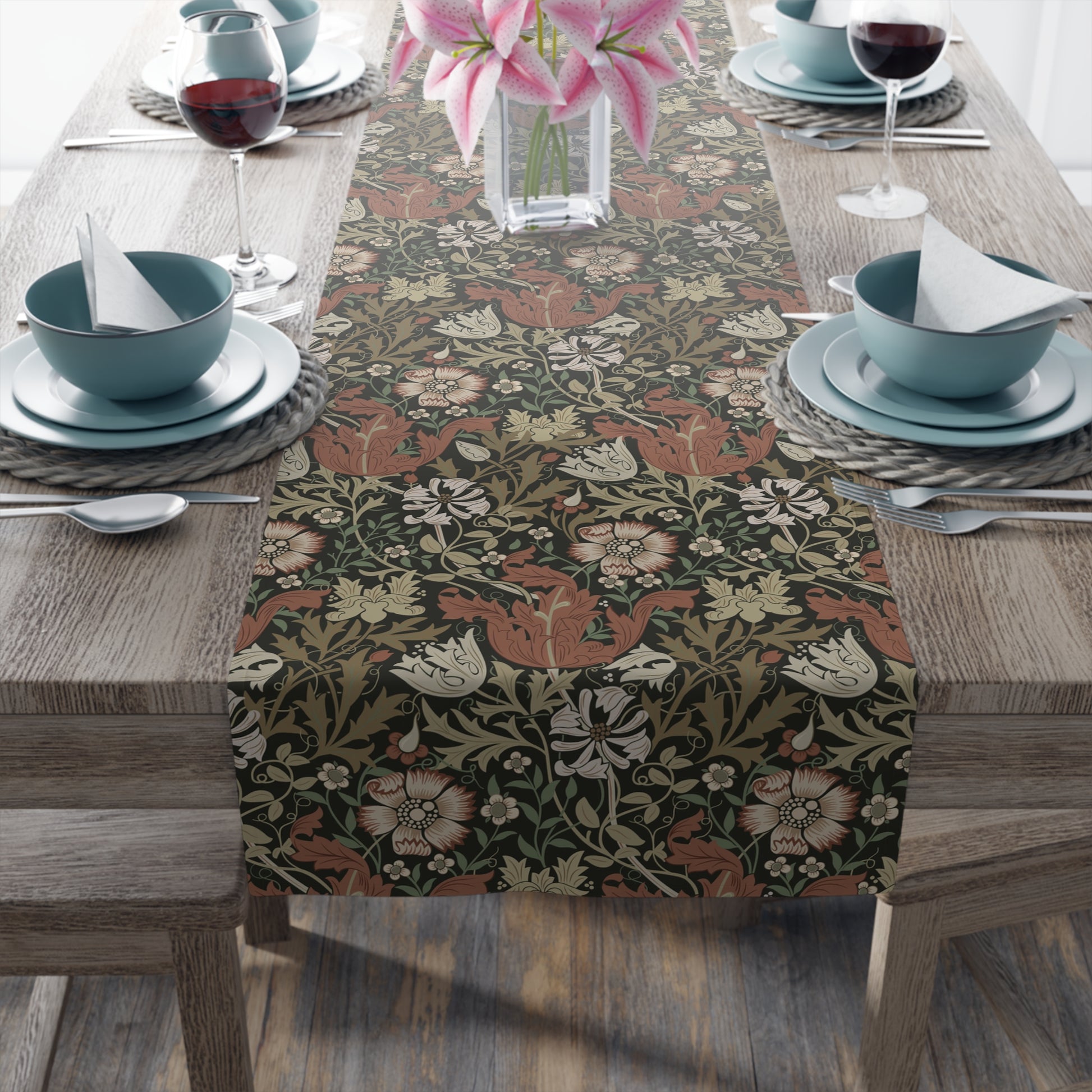 A floral patterned table runner inspired by William Morris, displayed on a dining table.