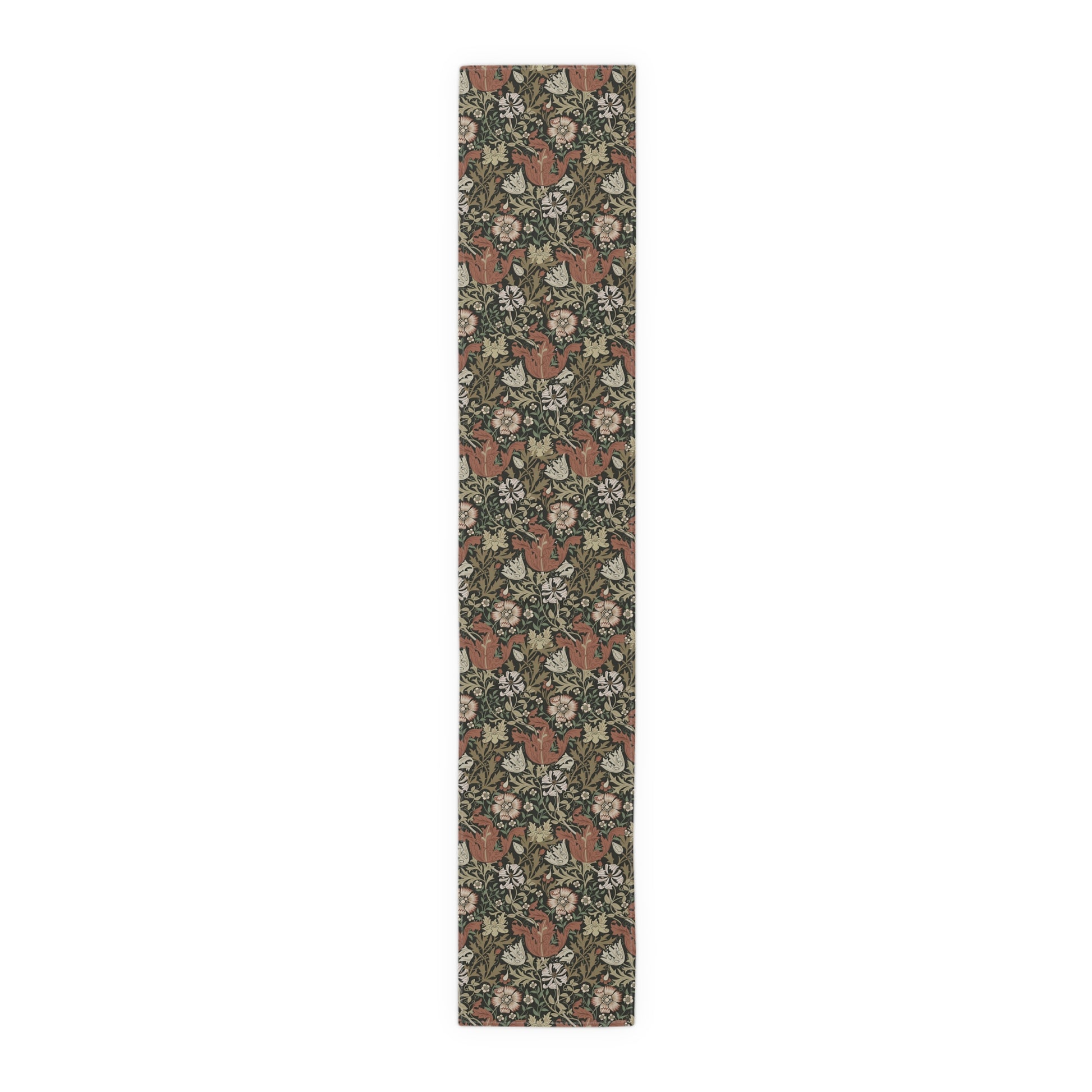 A floral patterned table runner inspired by William Morris, displayed on a dining table.