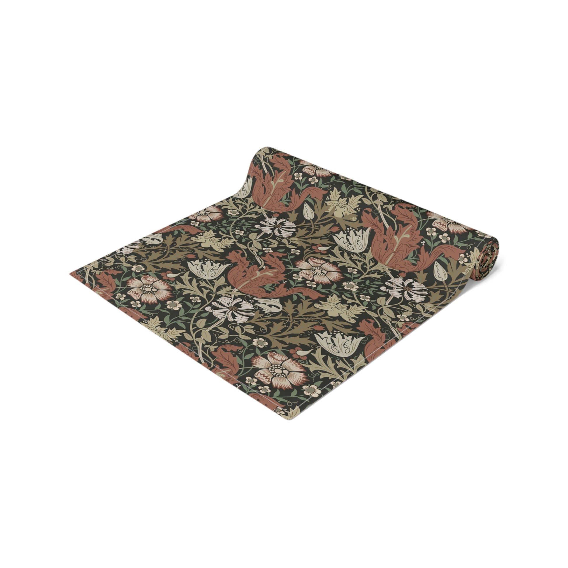 A floral patterned table runner inspired by William Morris, displayed on a dining table.