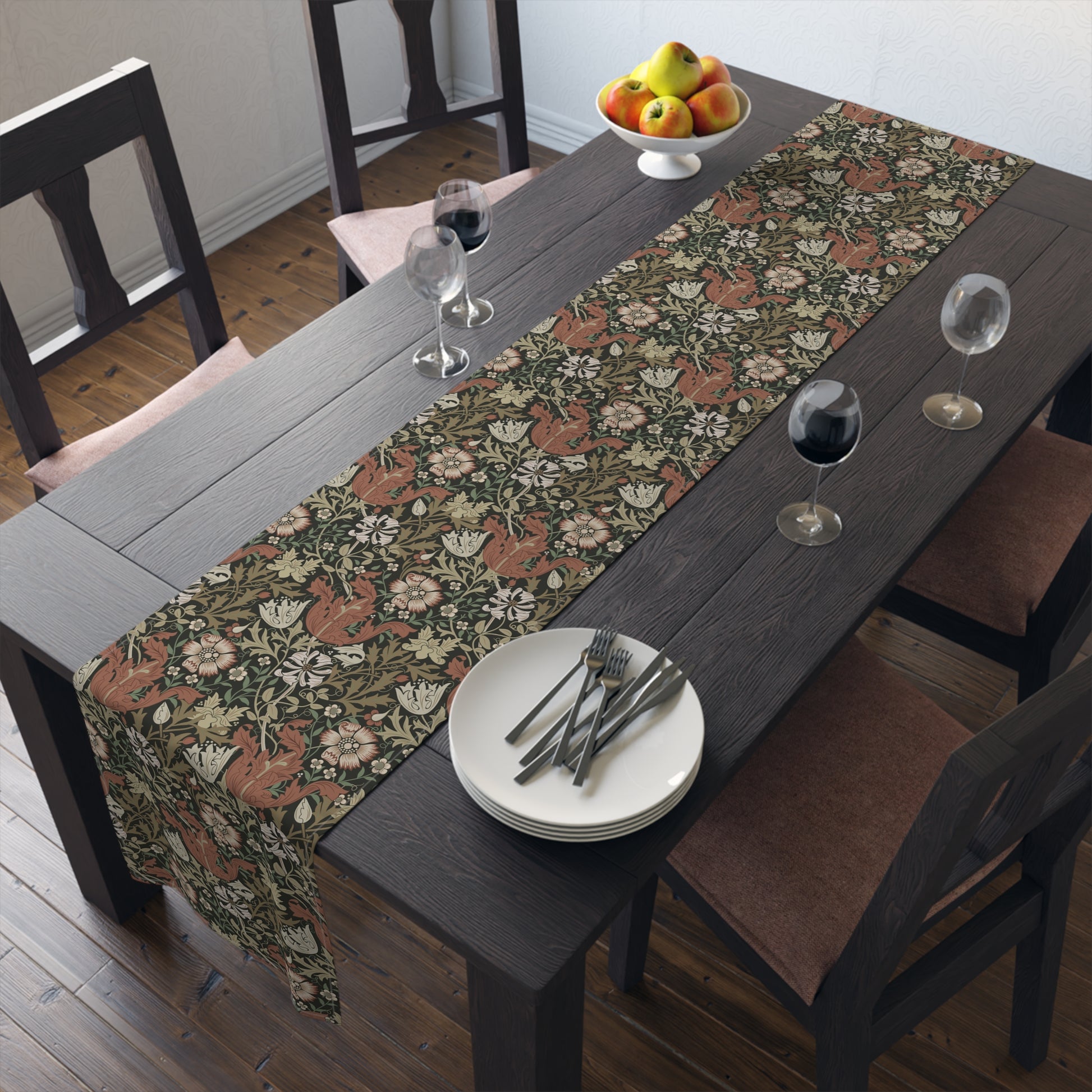 A floral patterned table runner inspired by William Morris, displayed on a dining table.