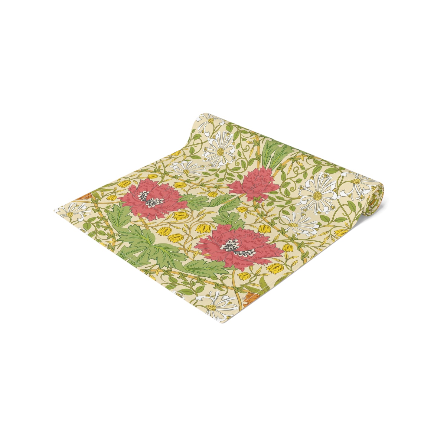 A table runner with a floral William Morris & Co pattern in red, green, and white colours, laid out on a dining table.