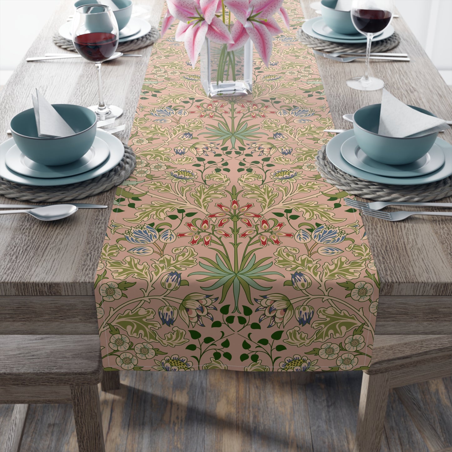 A floral patterned table runner inspired by William Morris' work, displayed on a dining table.