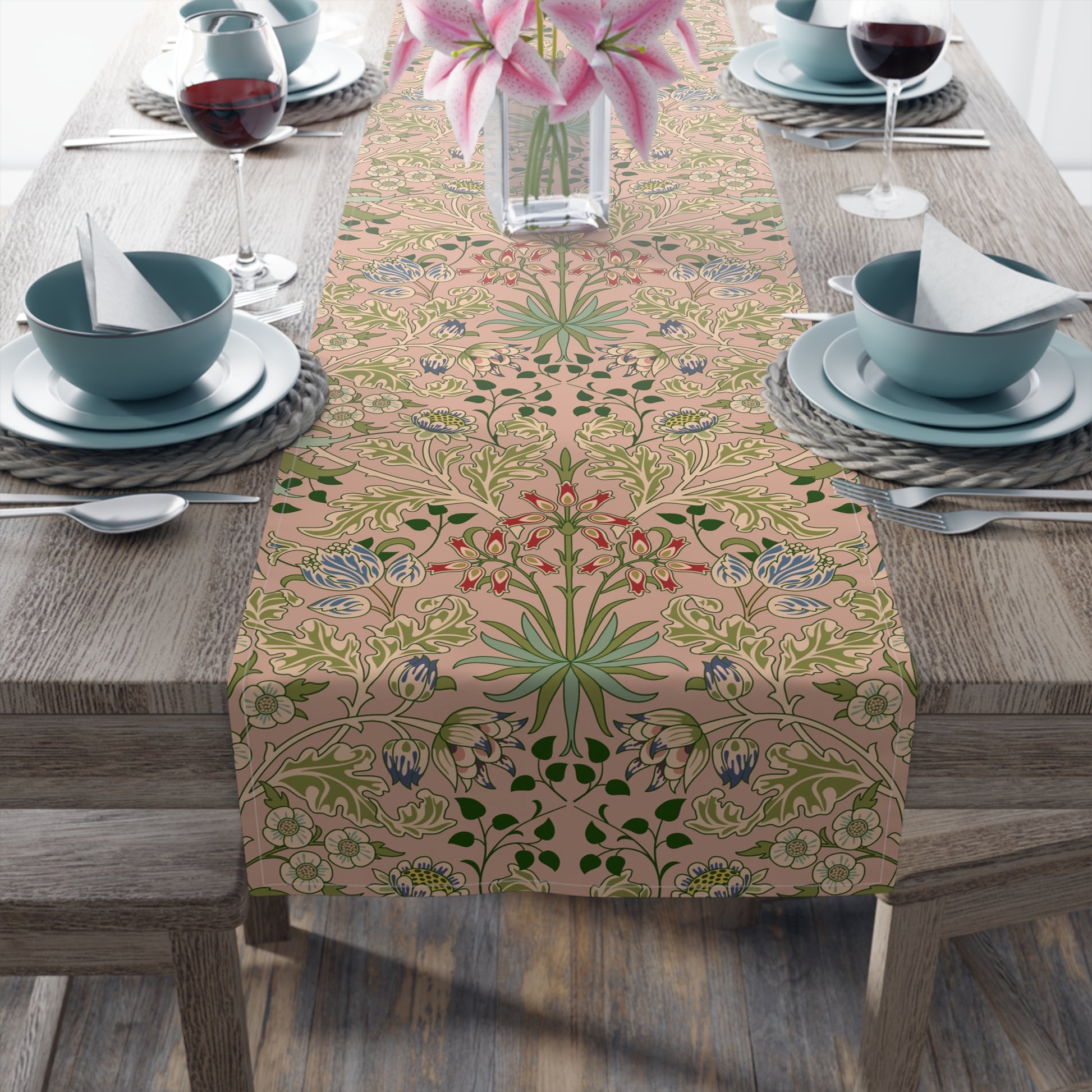 A floral patterned table runner inspired by William Morris' work, displayed on a dining table.