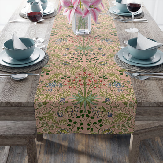 A floral patterned table runner inspired by William Morris' work, displayed on a dining table.