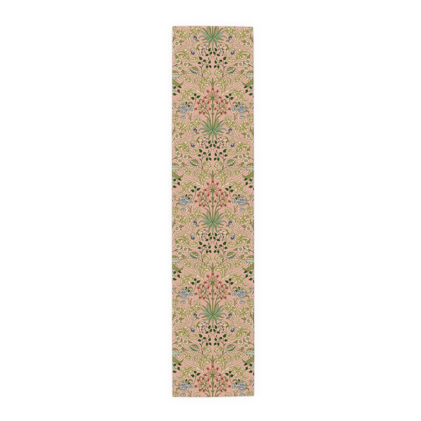 A floral patterned table runner inspired by William Morris' work, displayed on a dining table.