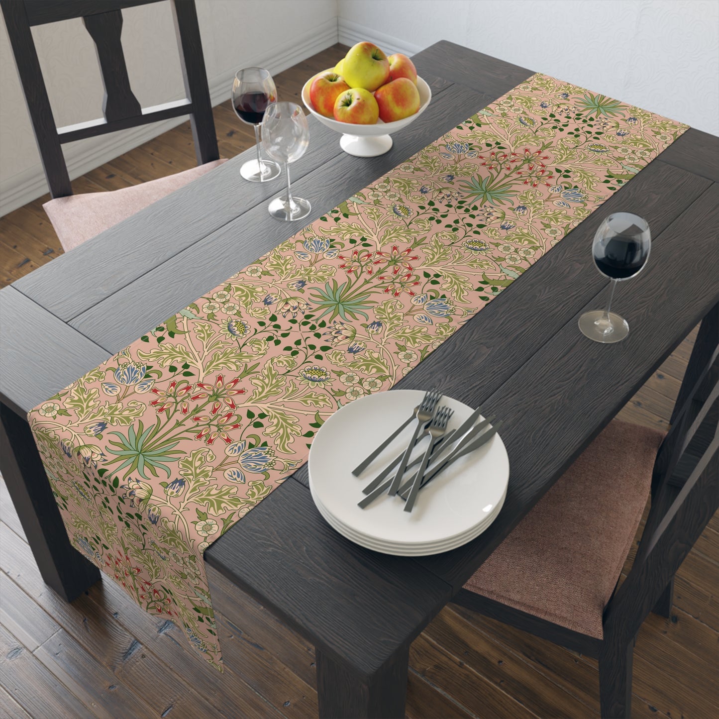 A floral patterned table runner inspired by William Morris' work, displayed on a dining table.