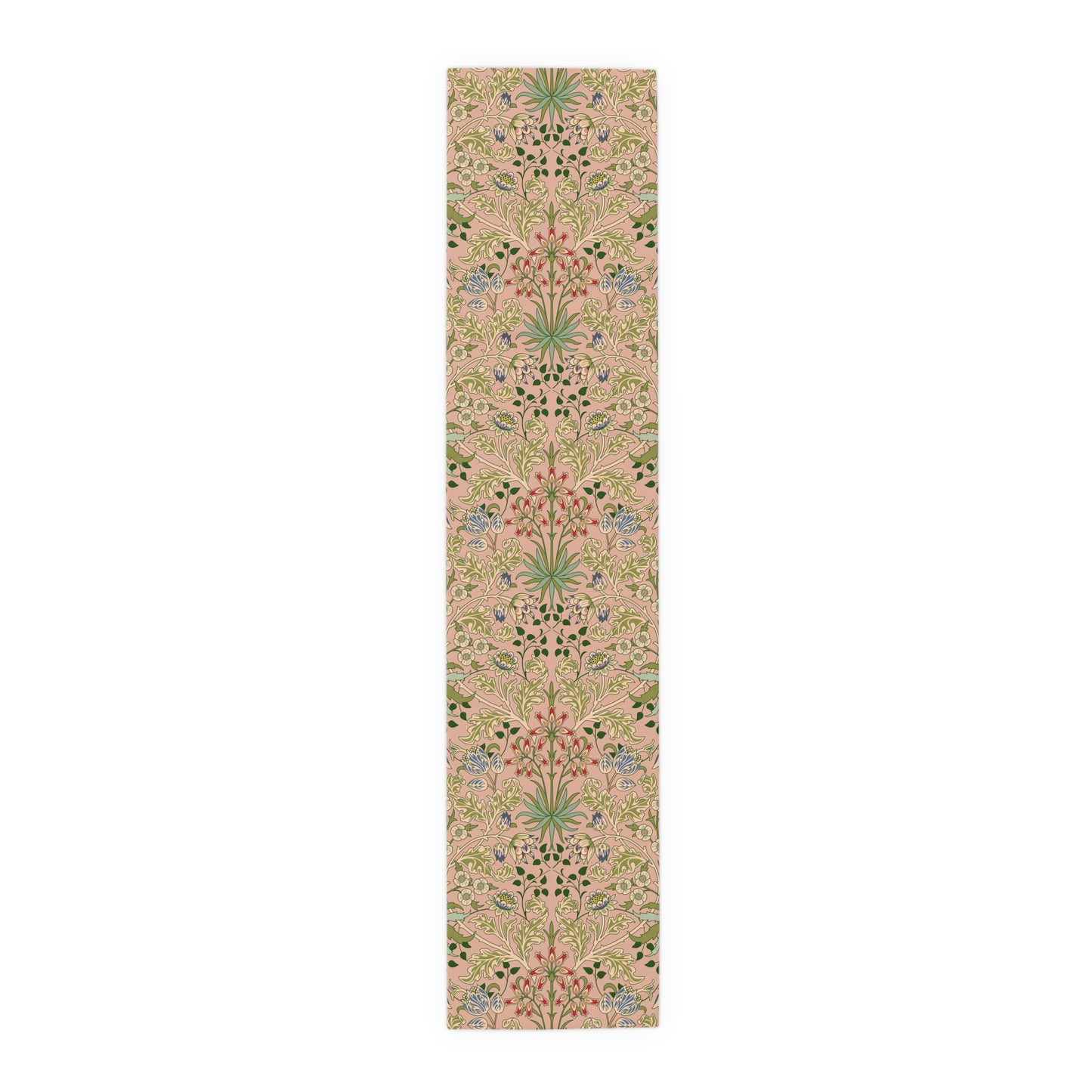 A floral patterned table runner inspired by William Morris' work, displayed on a dining table.