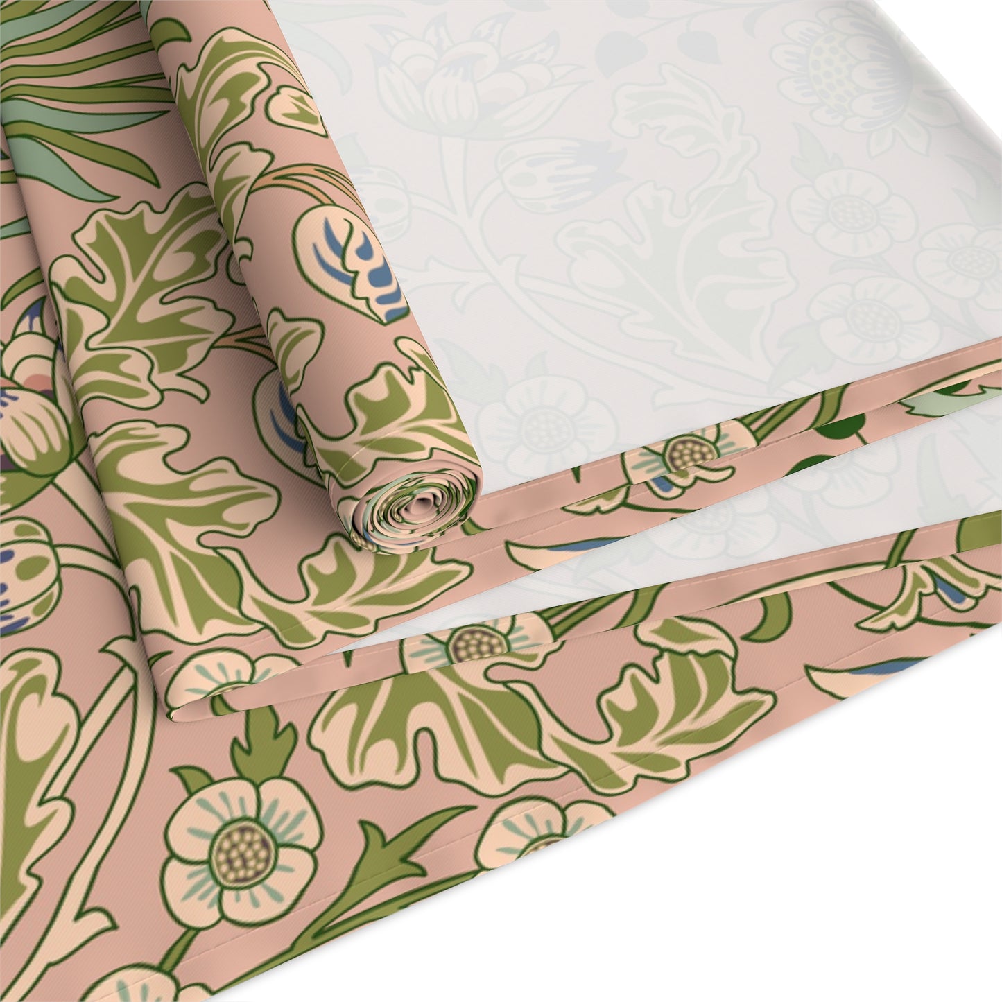 A floral patterned table runner inspired by William Morris' work, displayed on a dining table.
