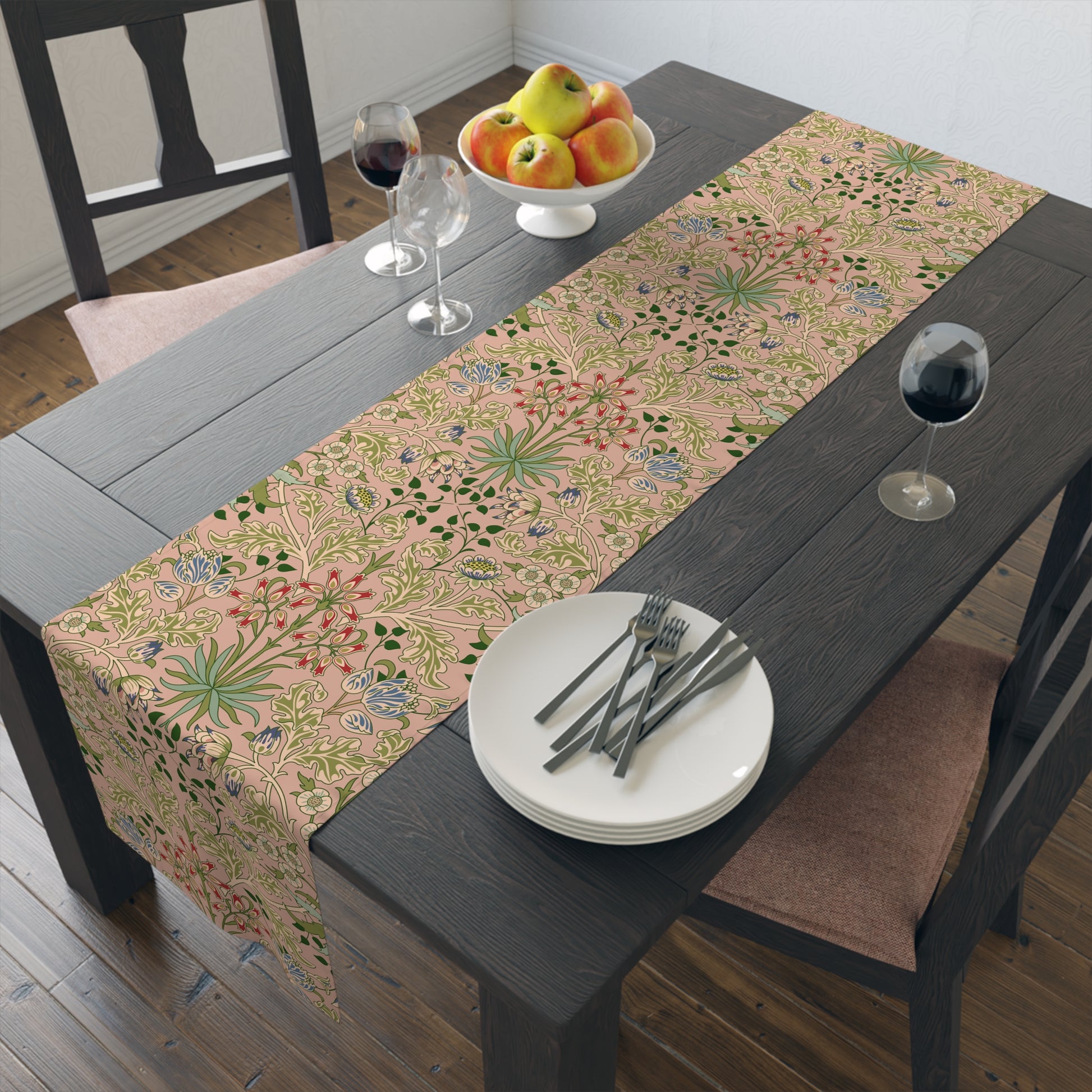 A floral patterned table runner inspired by William Morris' work, displayed on a dining table.