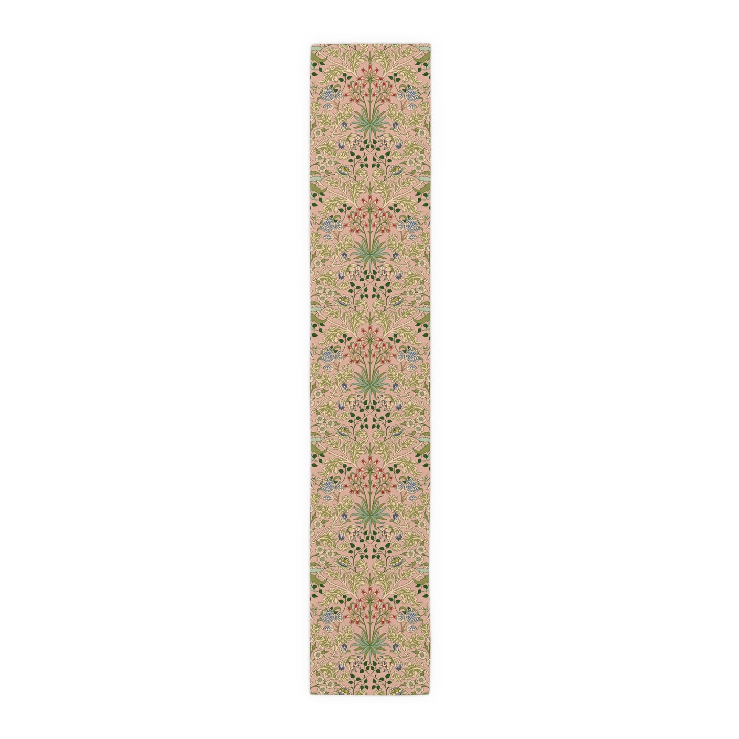 A floral patterned table runner inspired by William Morris' work, displayed on a dining table.