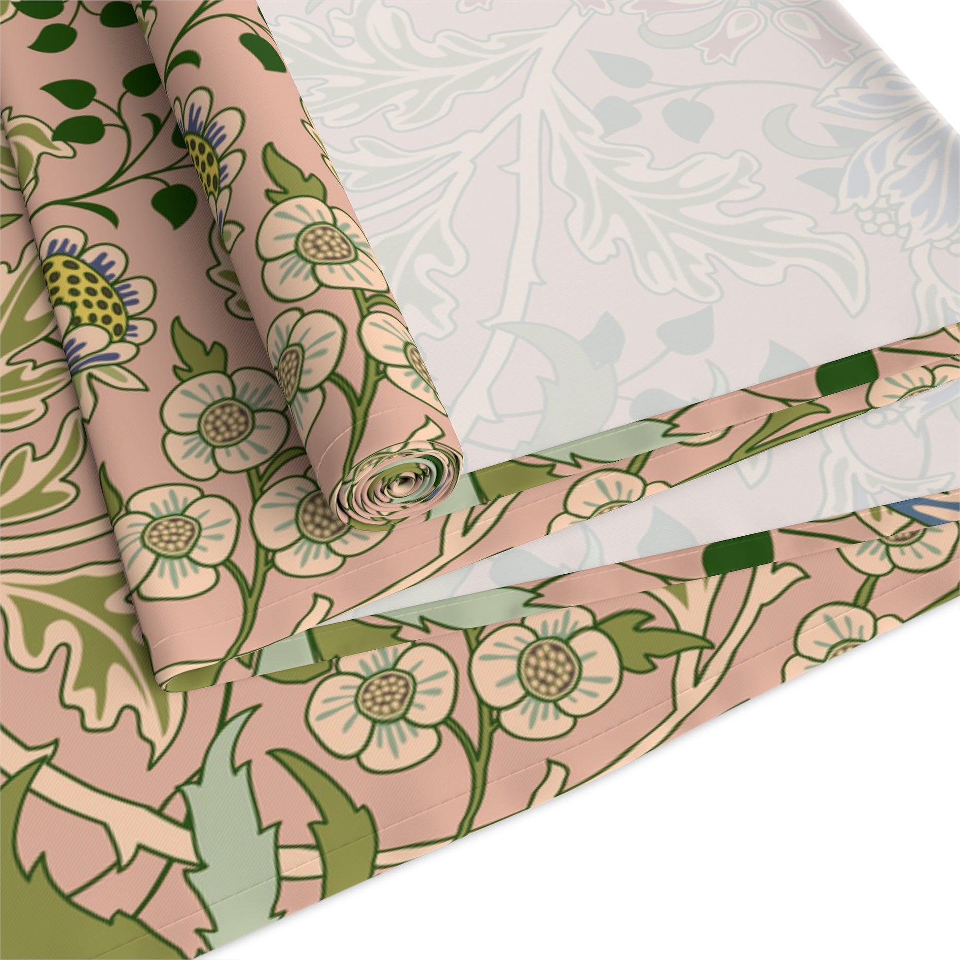 A floral patterned table runner inspired by William Morris' work, displayed on a dining table.