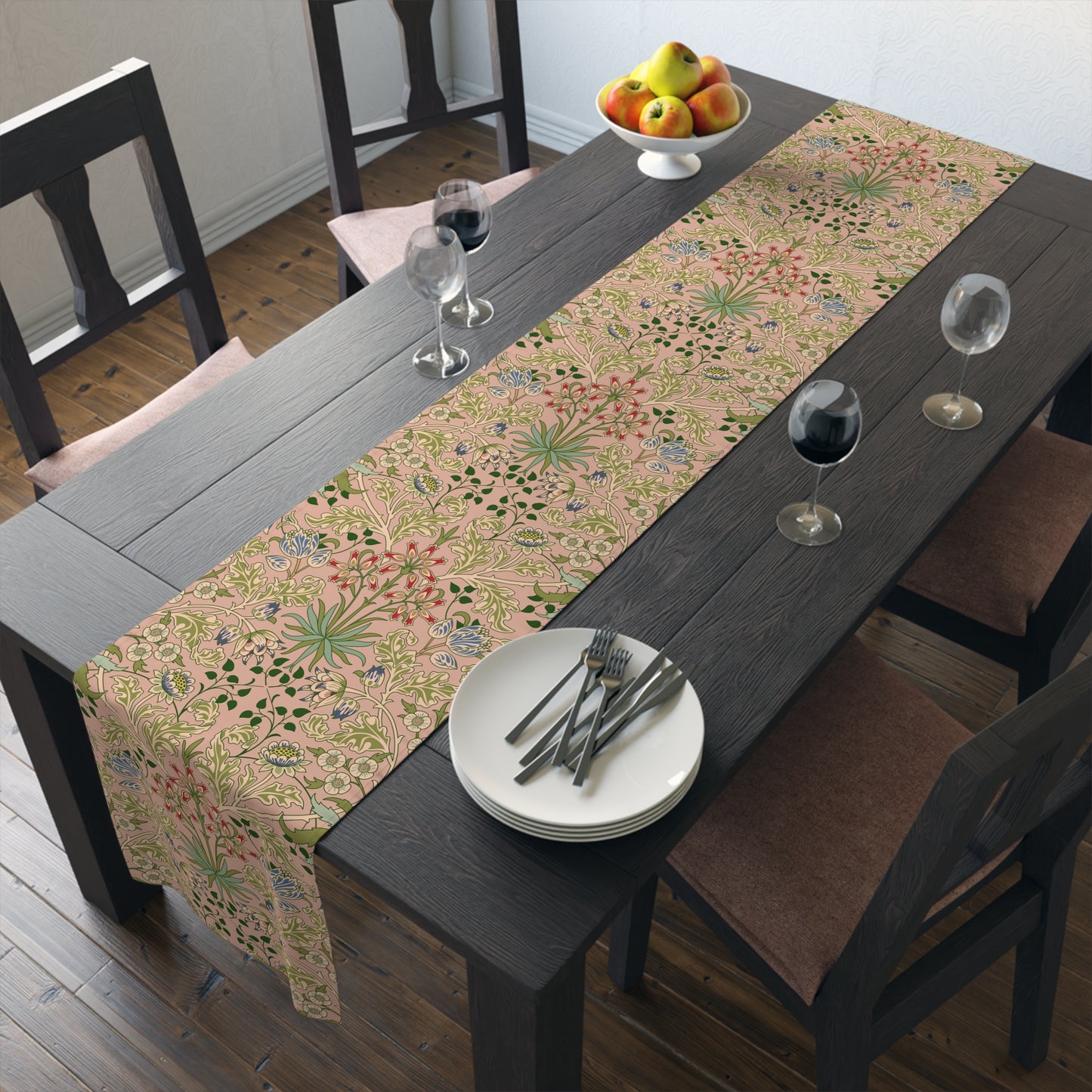 A floral patterned table runner inspired by William Morris' work, displayed on a dining table.