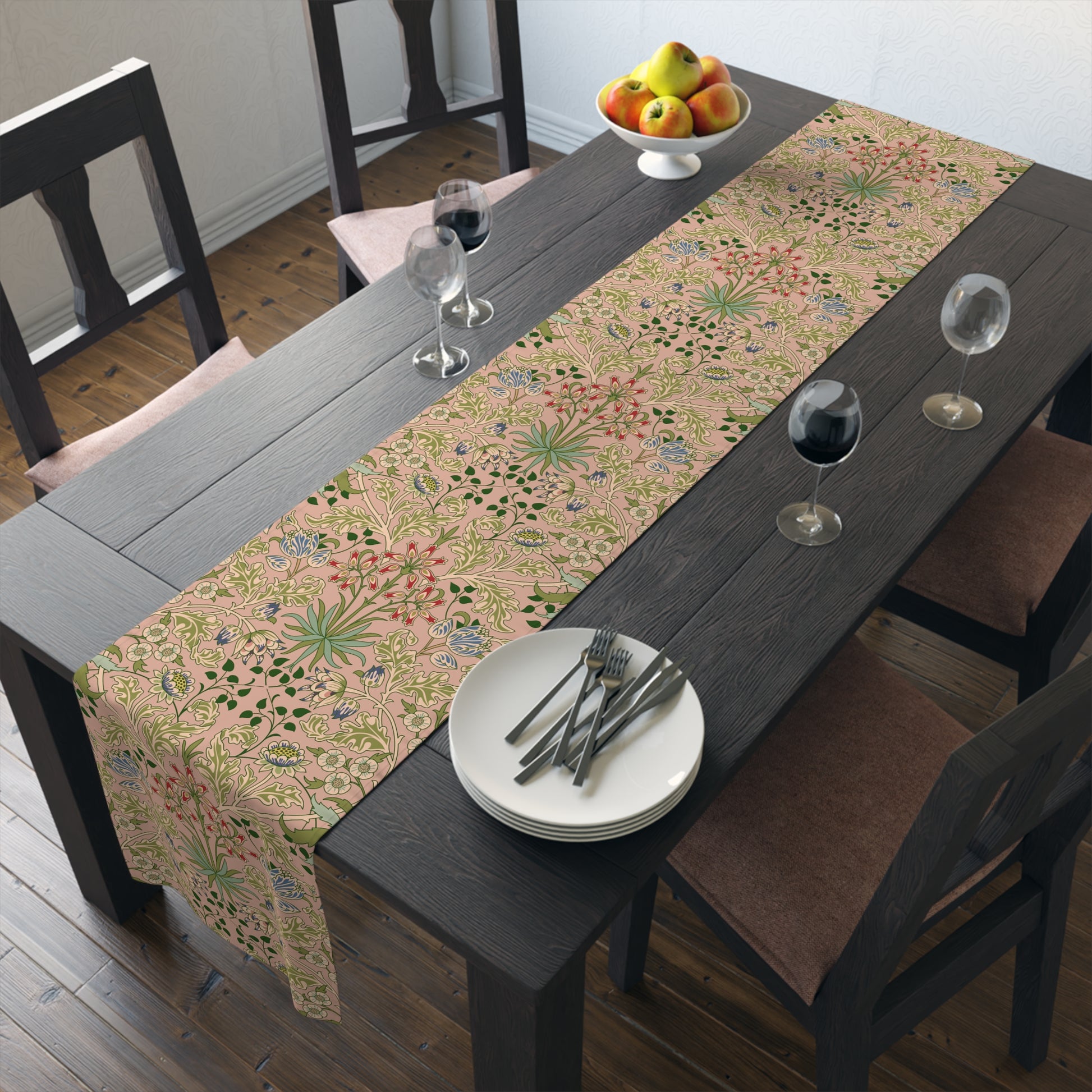 A floral patterned table runner inspired by William Morris' work, displayed on a dining table.