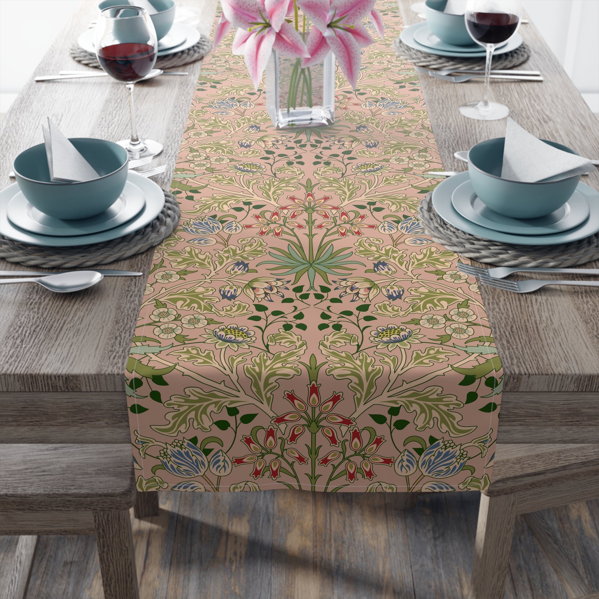 A floral patterned table runner inspired by William Morris' work, displayed on a dining table.
