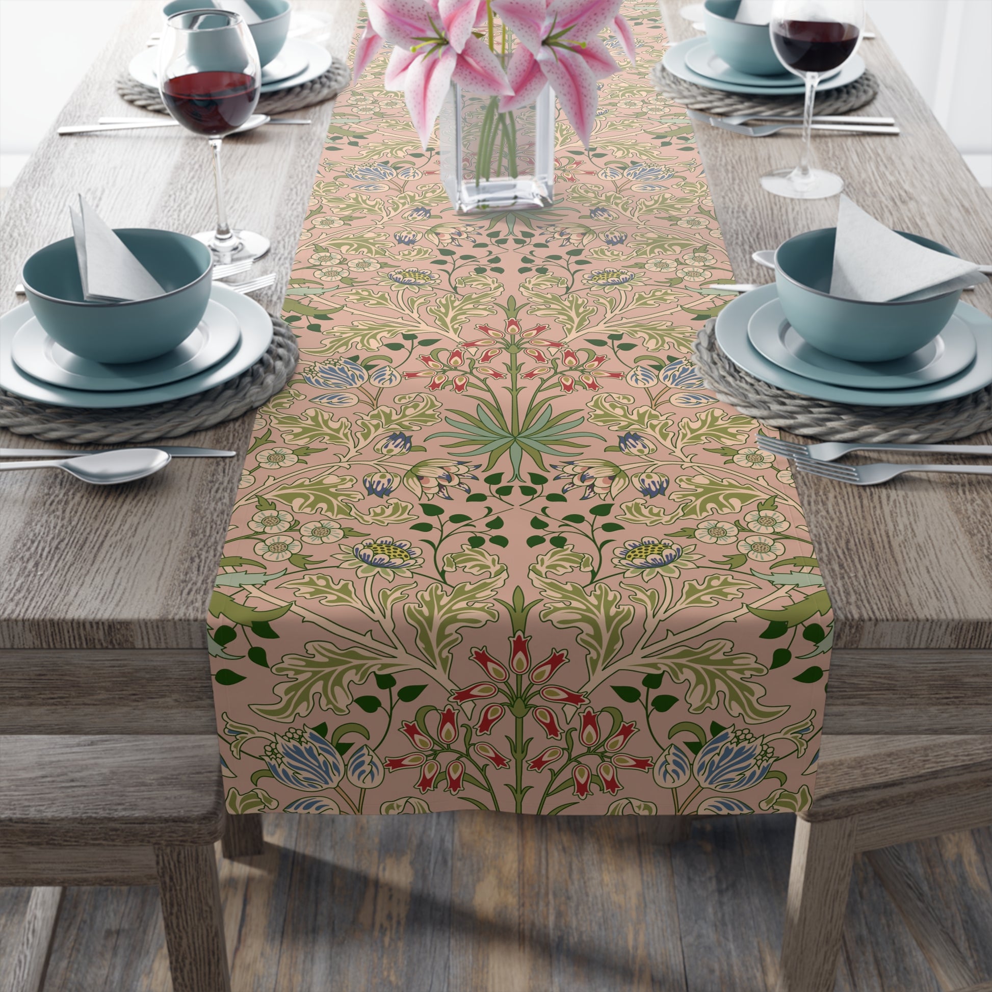 A floral patterned table runner inspired by William Morris' work, displayed on a dining table.