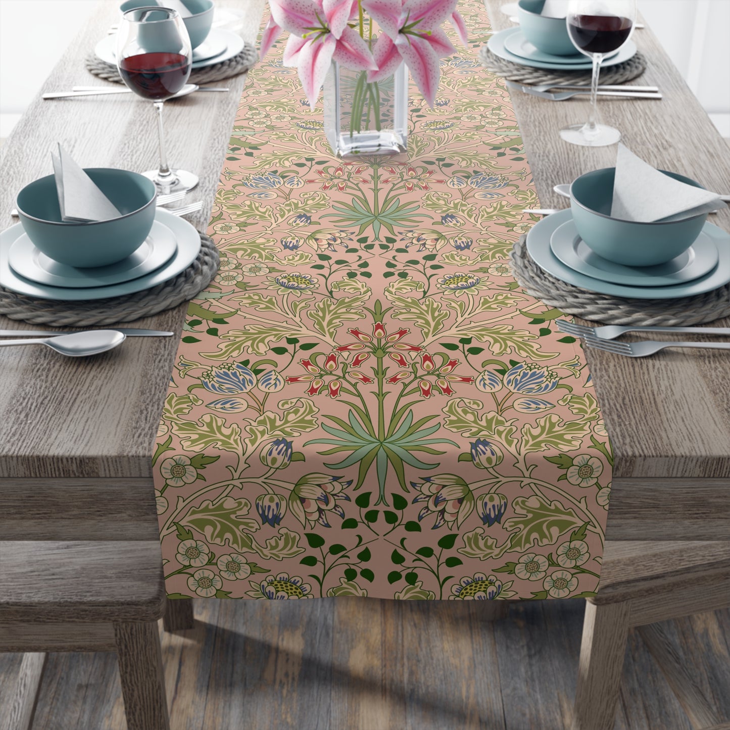 A floral patterned table runner inspired by William Morris' work, displayed on a dining table.
