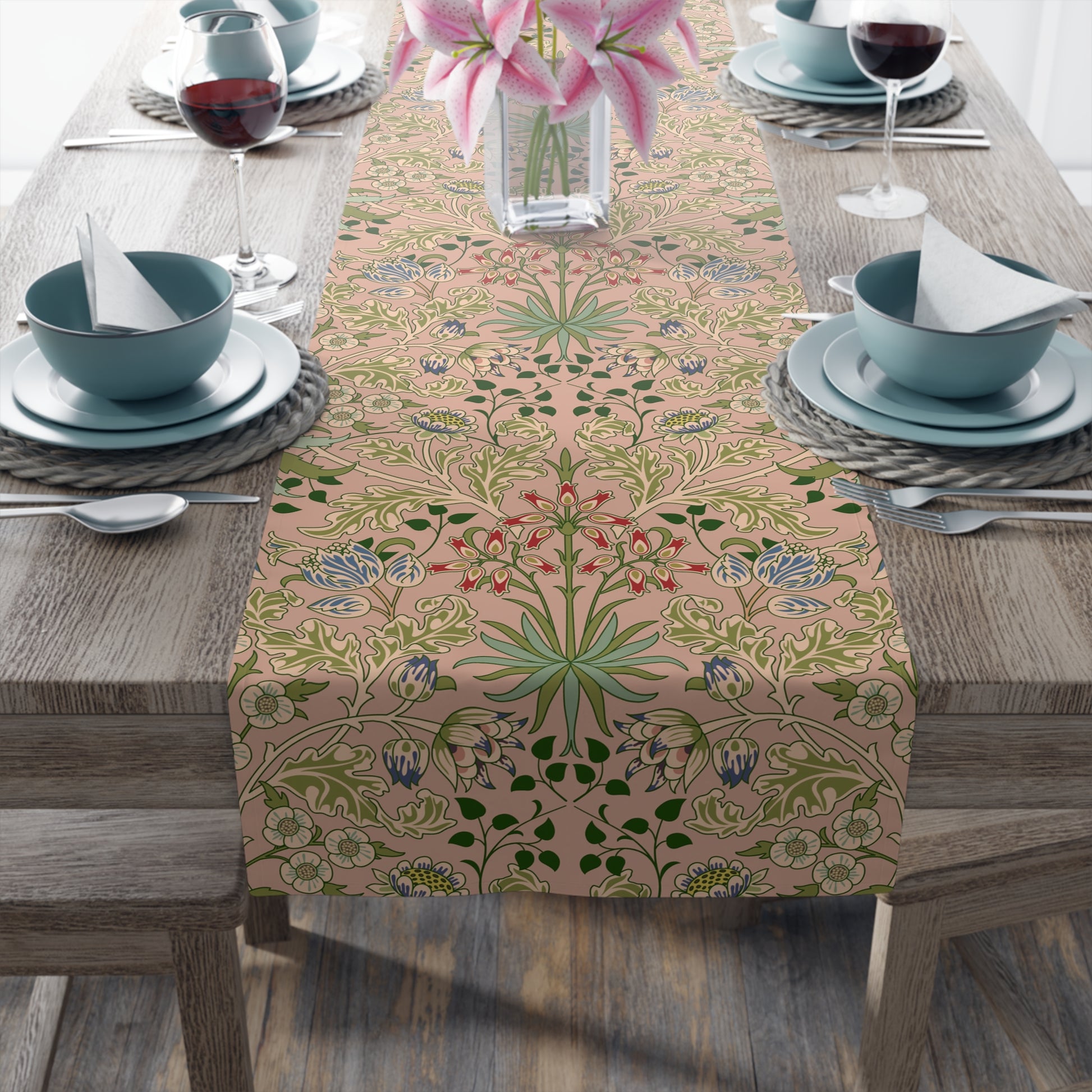 A floral patterned table runner inspired by William Morris' work, displayed on a dining table.